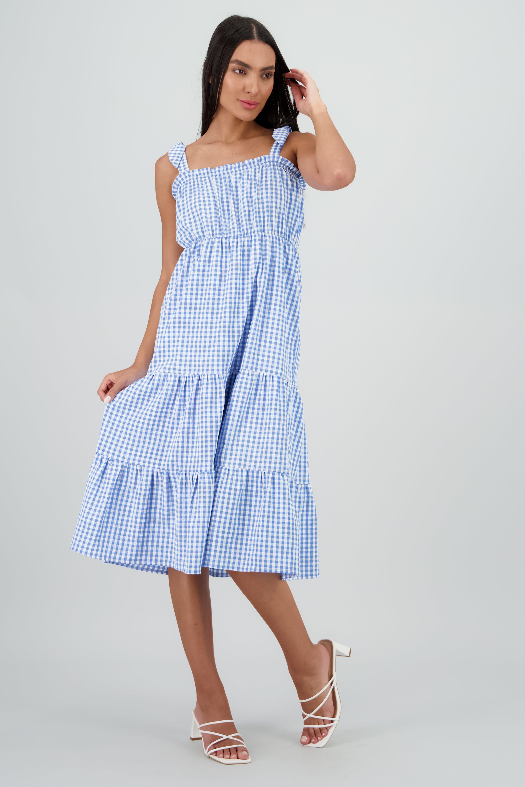 Vestido tirantes midi olanes detalle textura AZUL COMBO