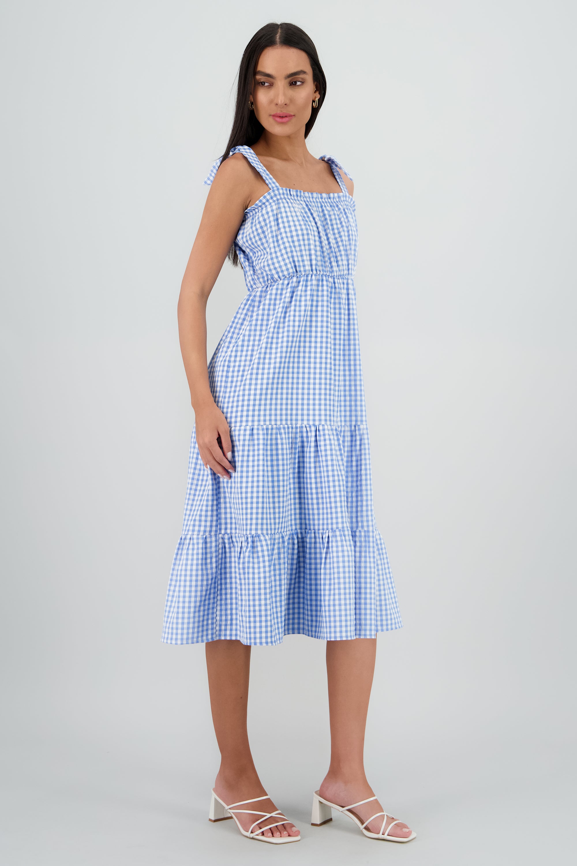 Vestido tirantes midi olanes detalle textura AZUL COMBO