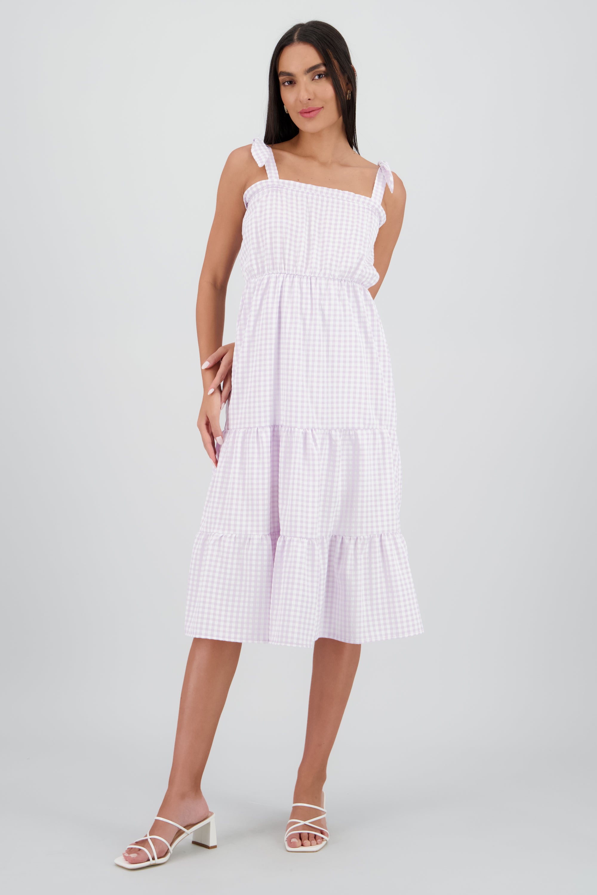 Vestido tirantes midi olanes detalle textura MORADO COMBO