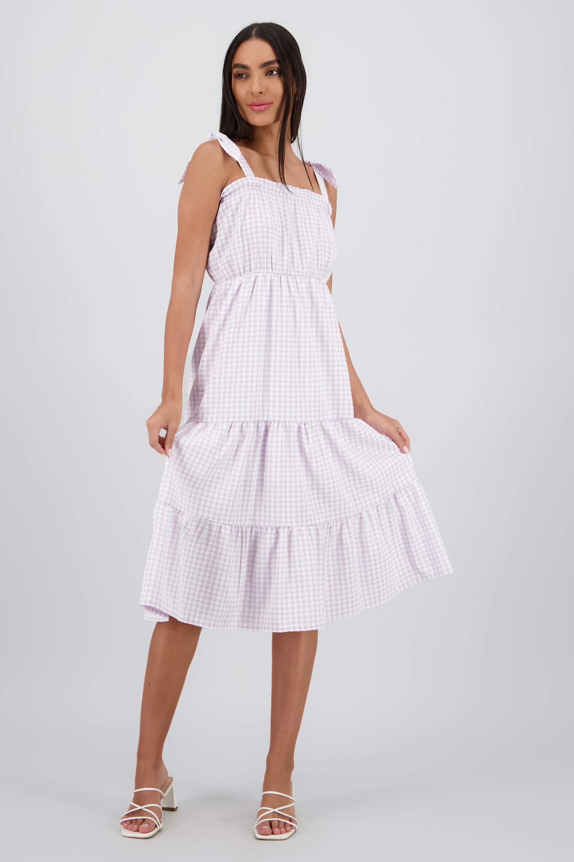 Vestido tirantes midi olanes detalle textura MORADO COMBO