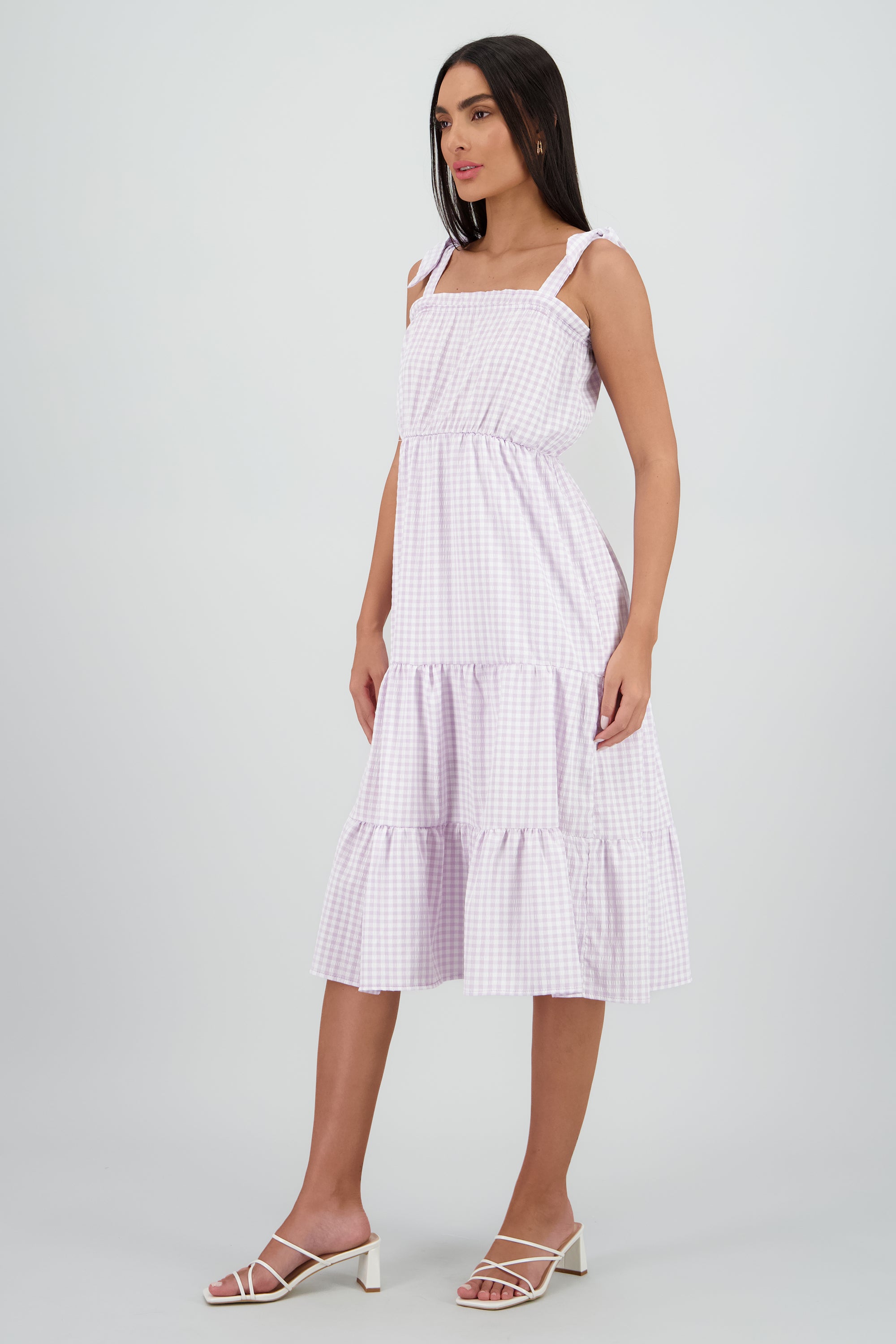 Vestido tirantes midi olanes detalle textura MORADO COMBO