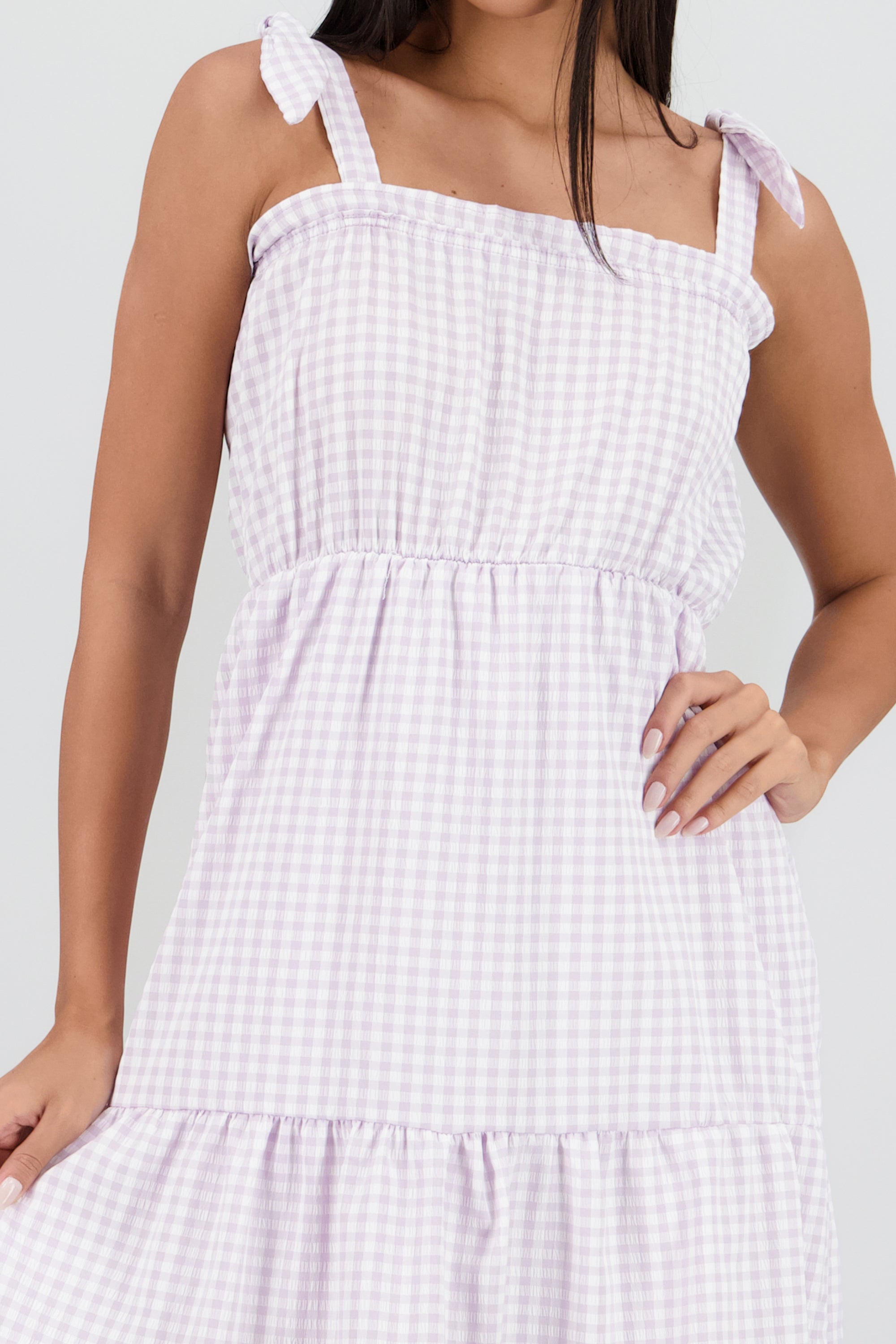 Vestido tirantes midi olanes detalle textura MORADO COMBO