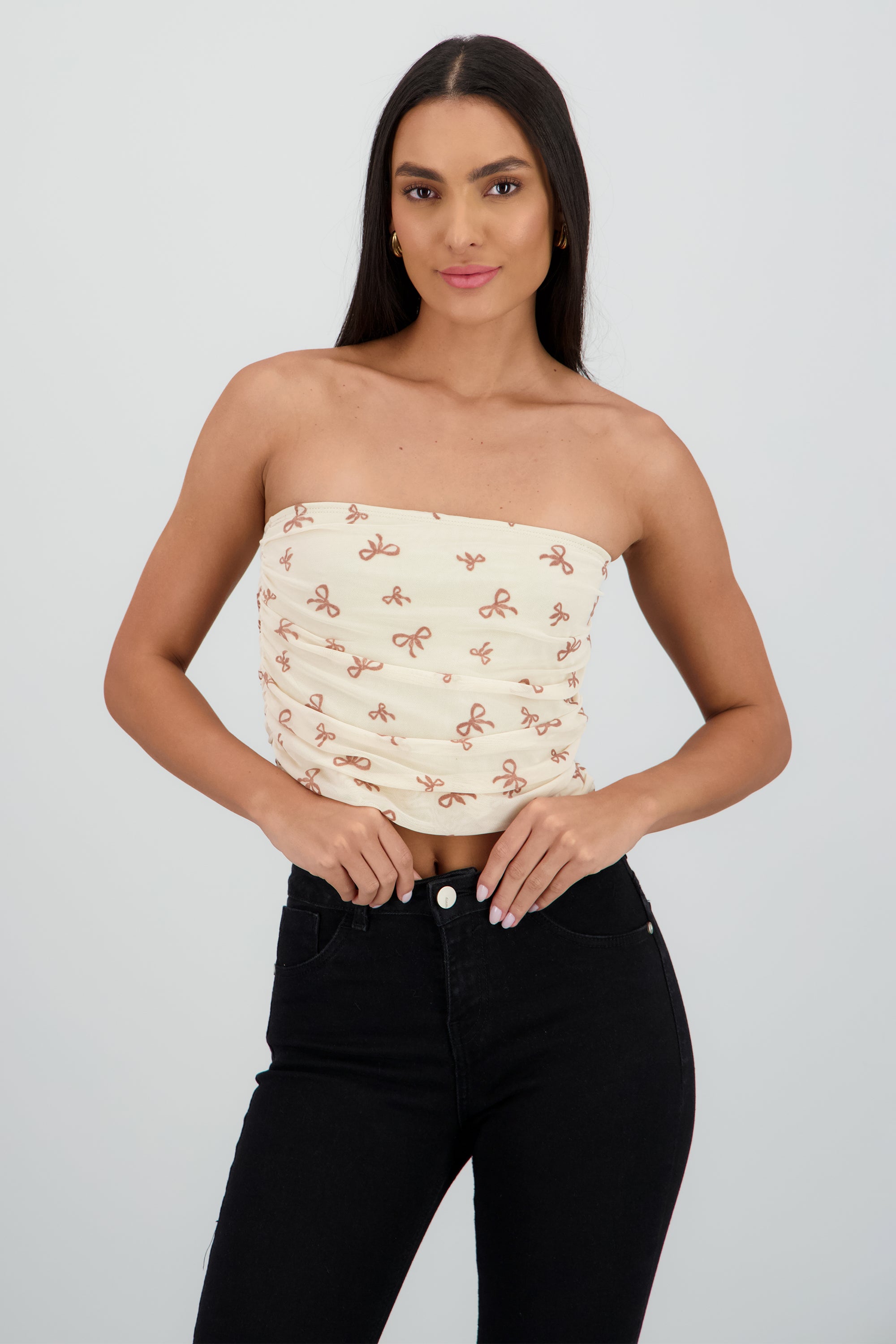 Top tubo drapeado strapless detalle mesh HUESO COMBO