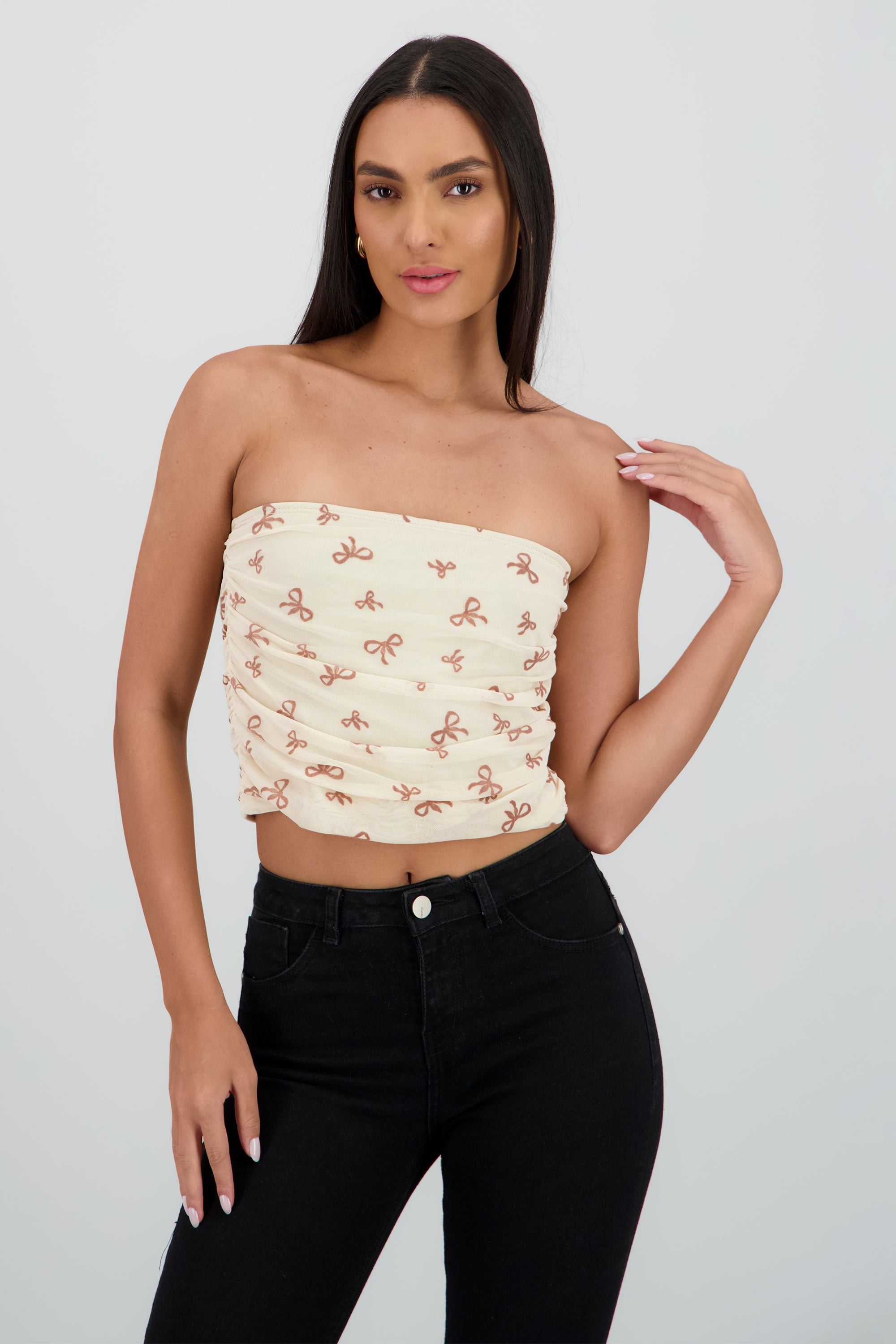 Top tubo drapeado strapless detalle mesh HUESO COMBO