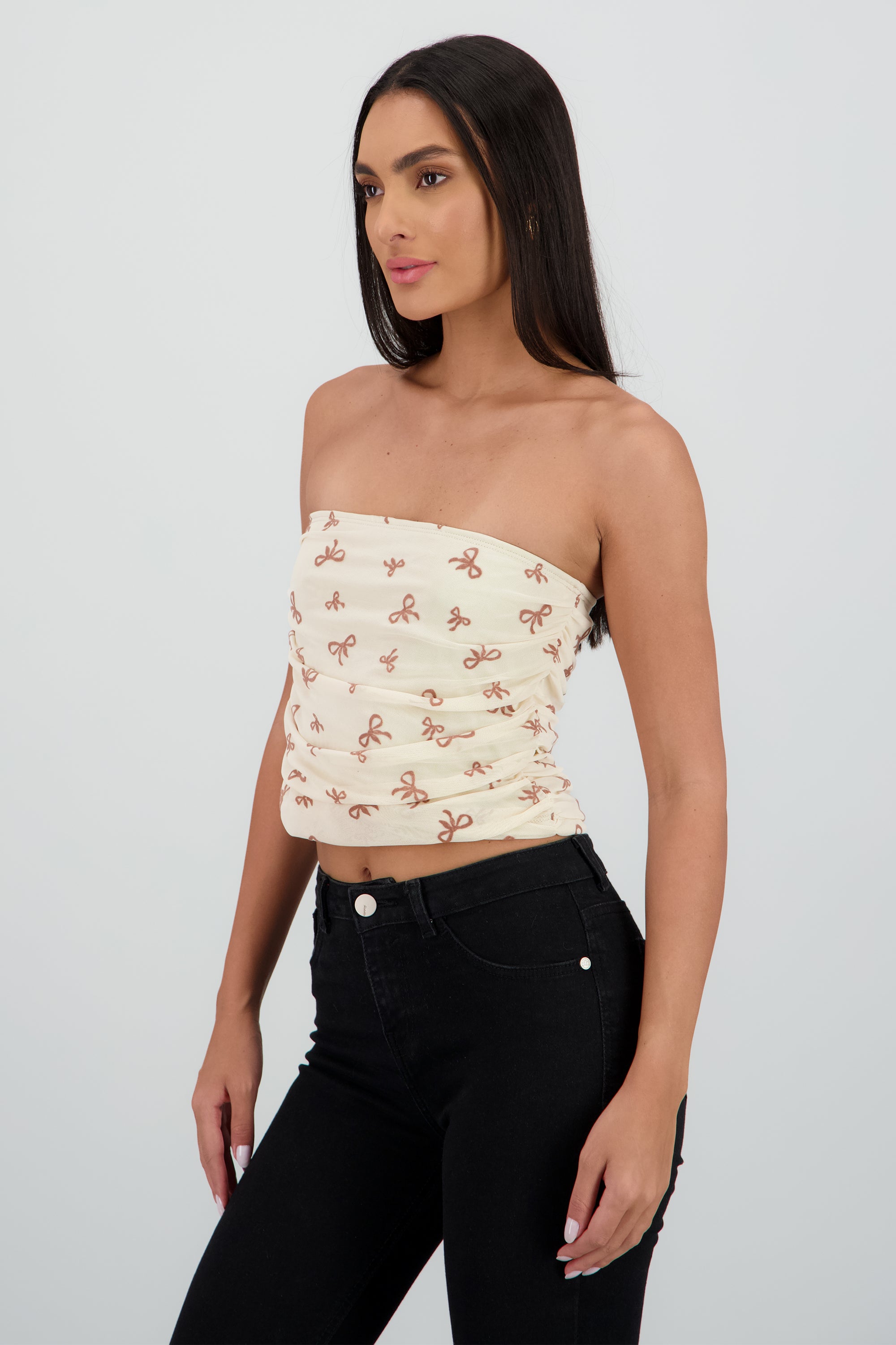 Top tubo drapeado strapless detalle mesh HUESO COMBO