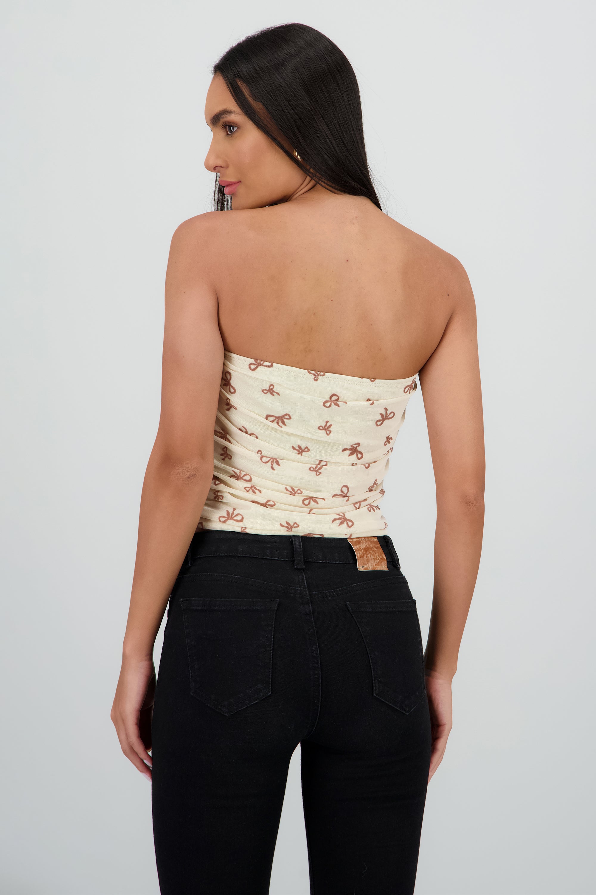 Top tubo drapeado strapless detalle mesh HUESO COMBO