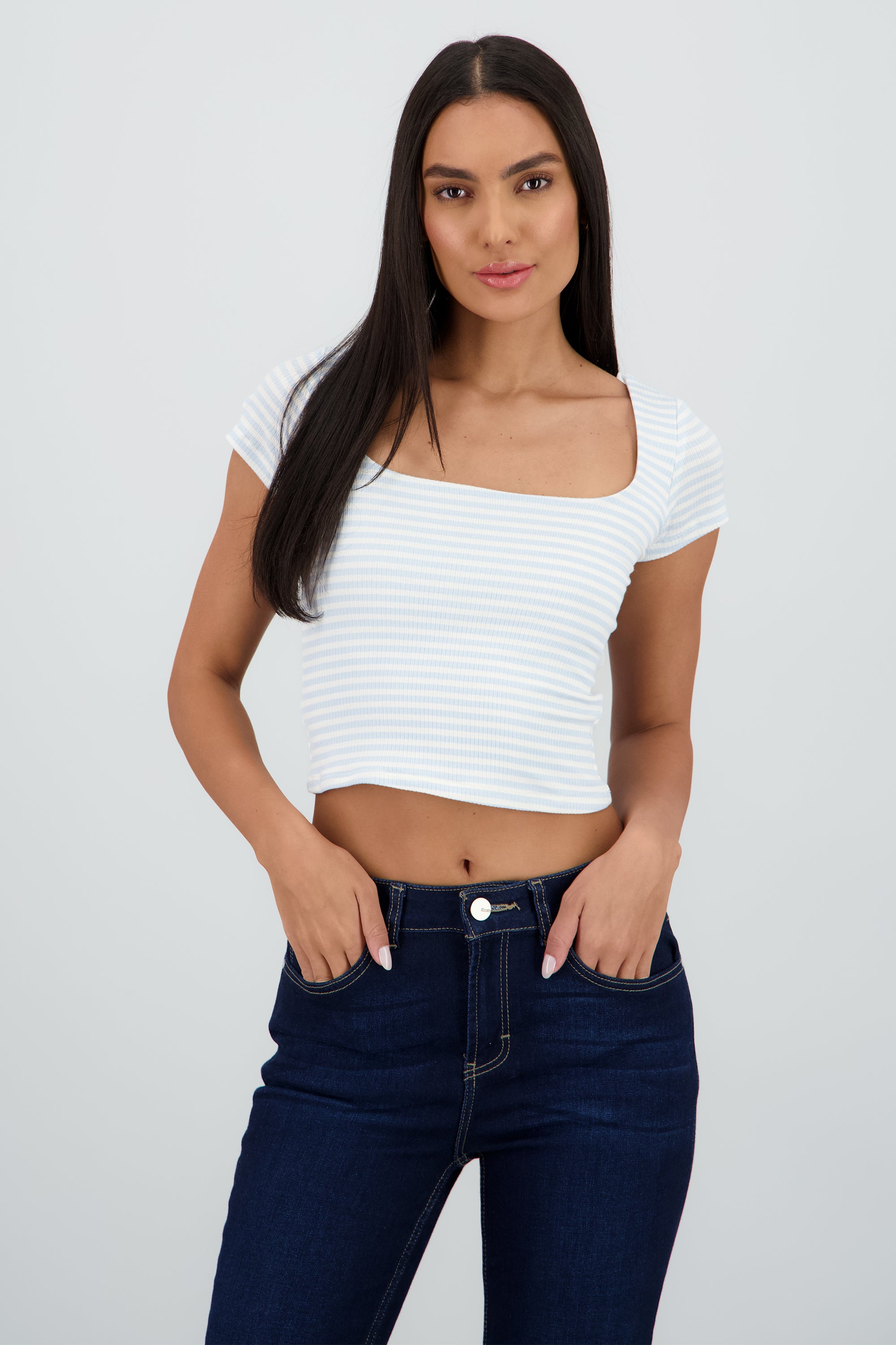 Top manga corta escote cuadrado rayas AZUL PASTEL