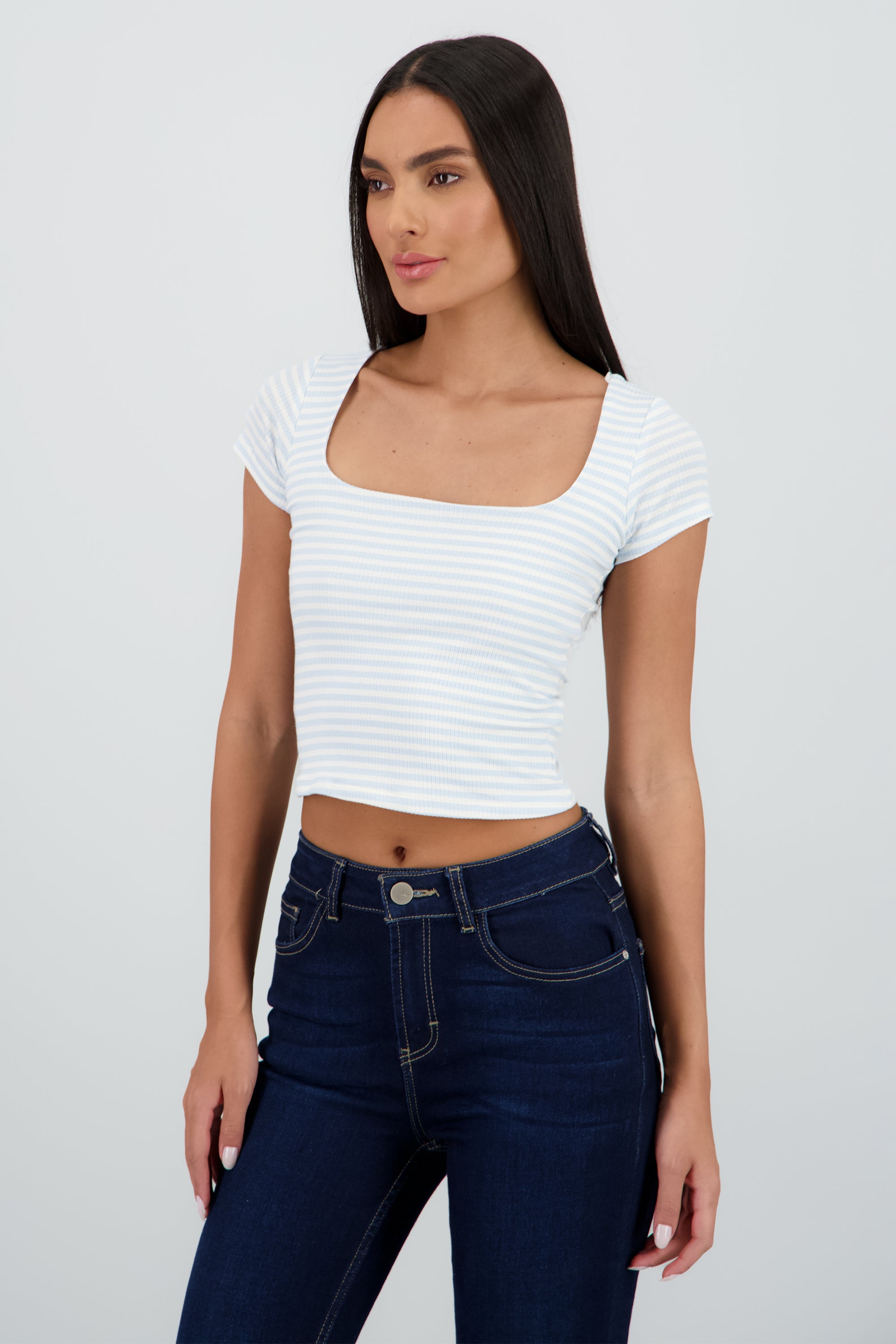 Top manga corta escote cuadrado rayas AZUL PASTEL