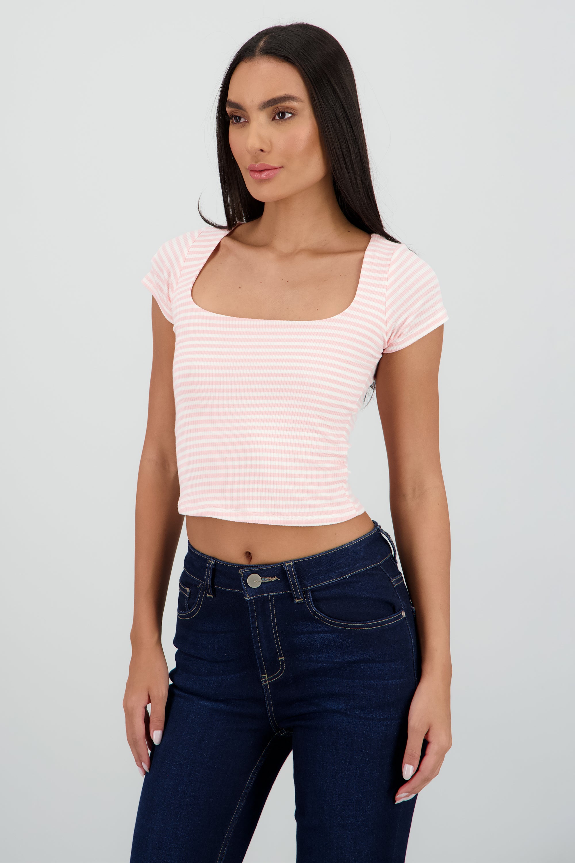 Top manga corta escote cuadrado rayas ROSA PASTEL
