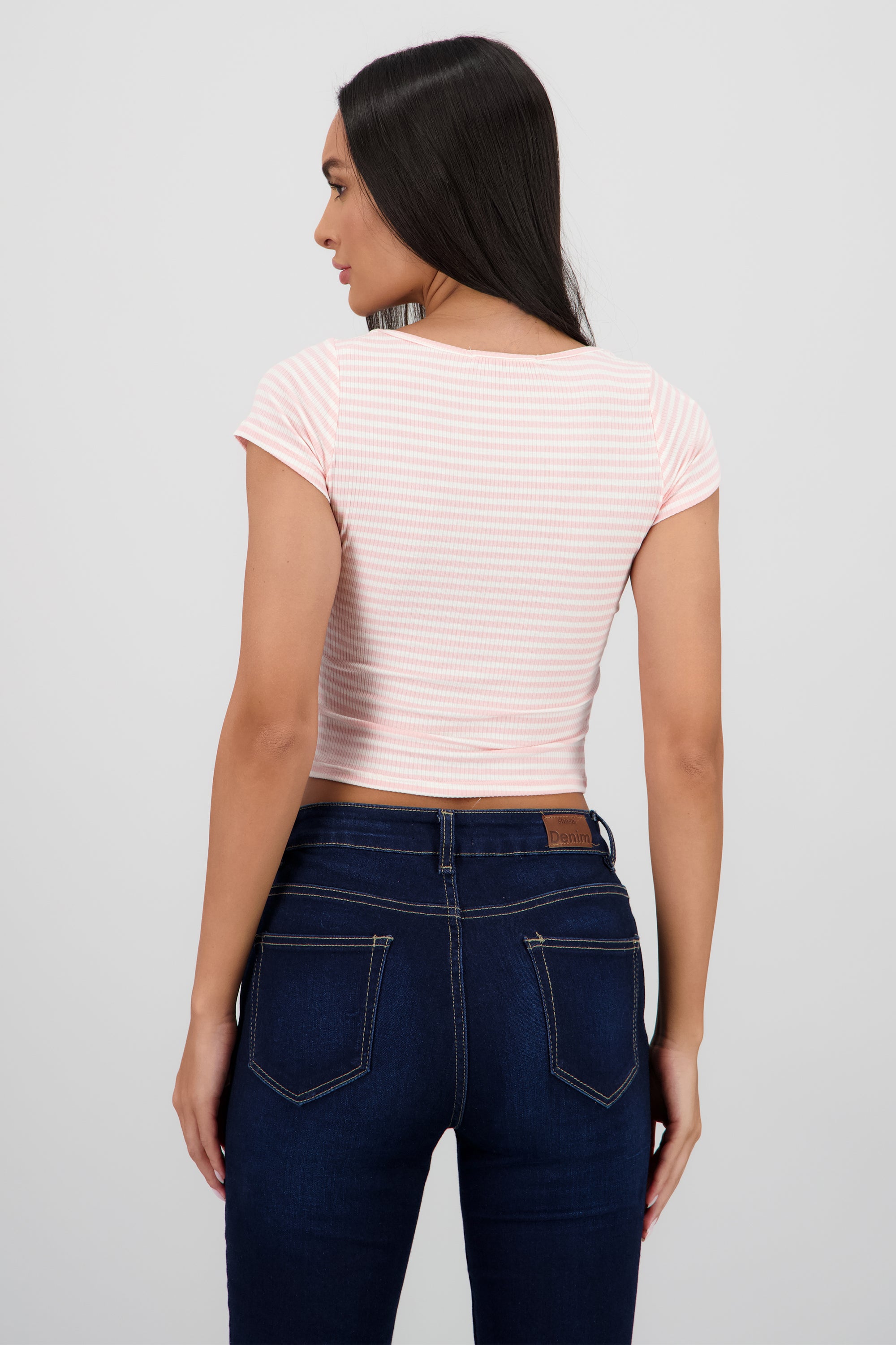 Top manga corta escote cuadrado rayas ROSA PASTEL