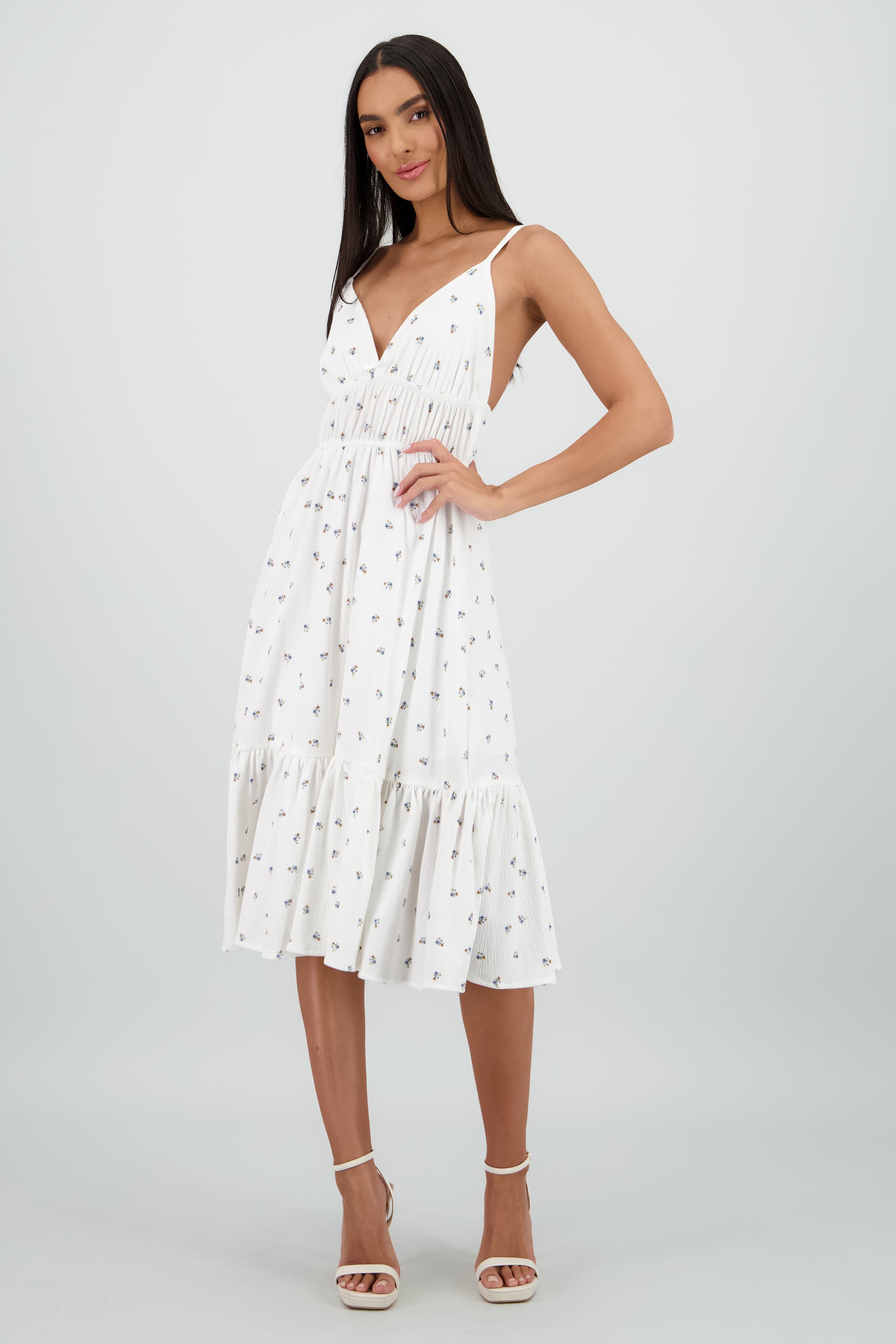 Vestido midi tirantes escote v BLANCO COMBO