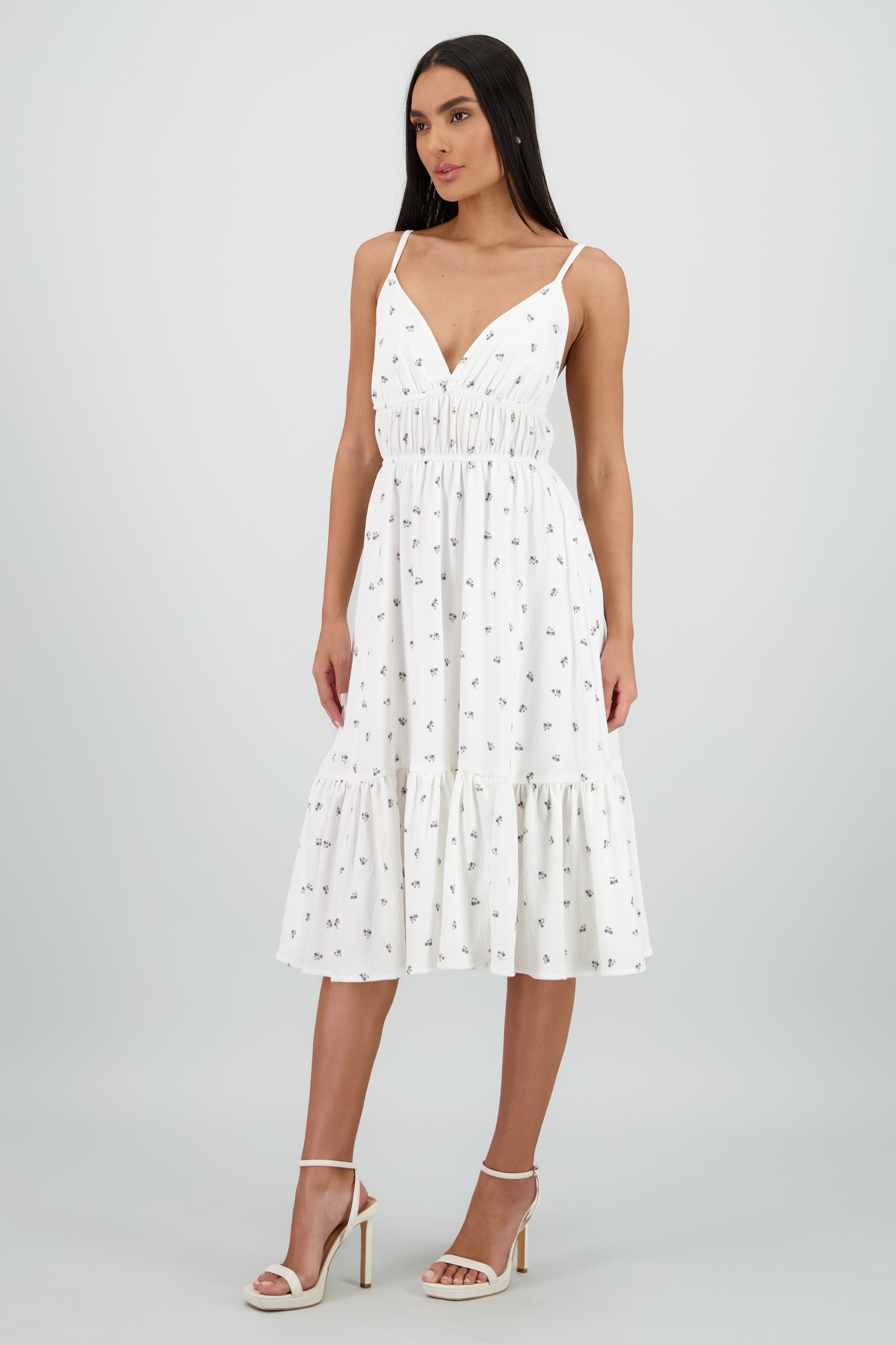 Vestido midi tirantes escote v BLANCO COMBO
