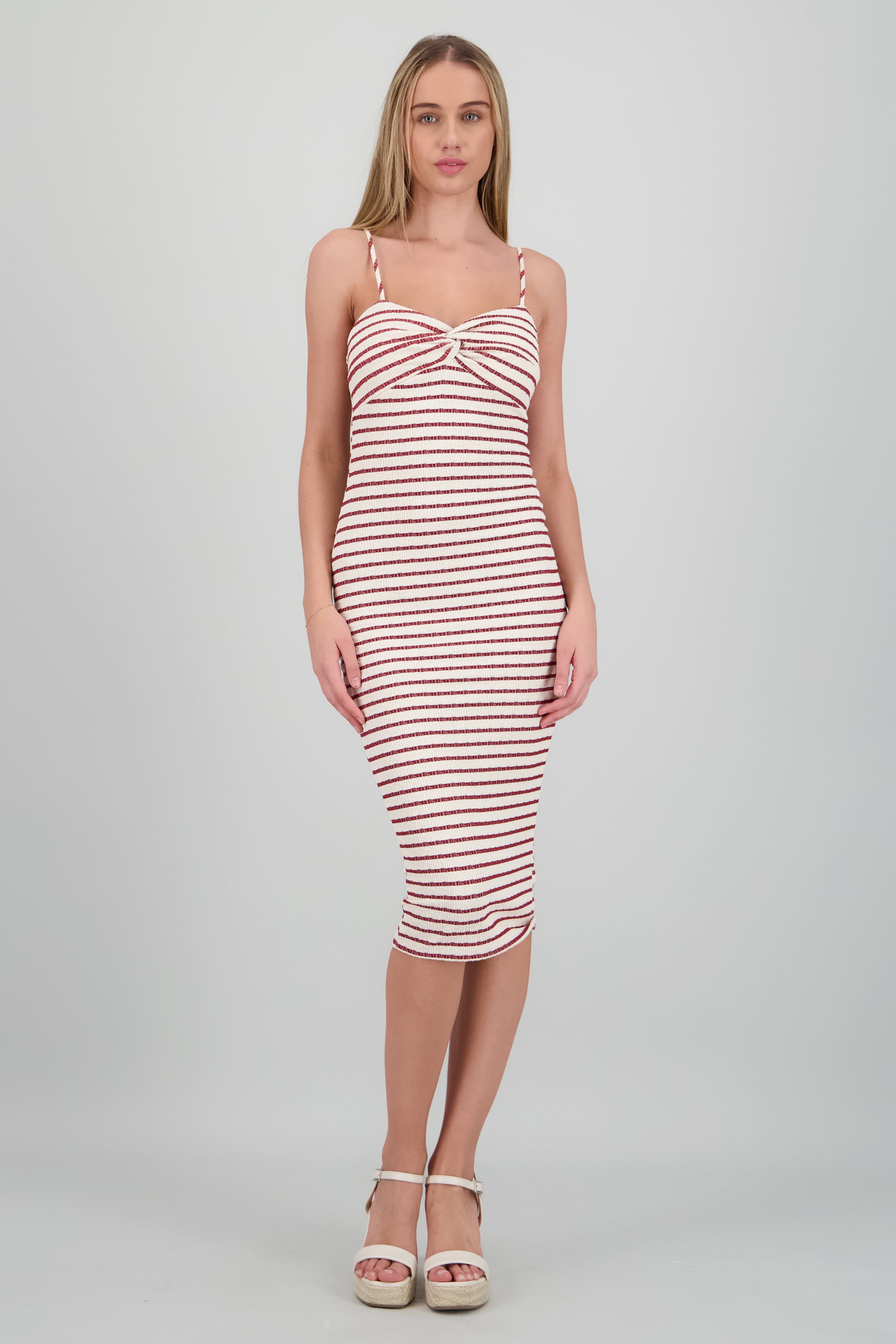 Vestido midi estampado rayas textura VINO COMBO