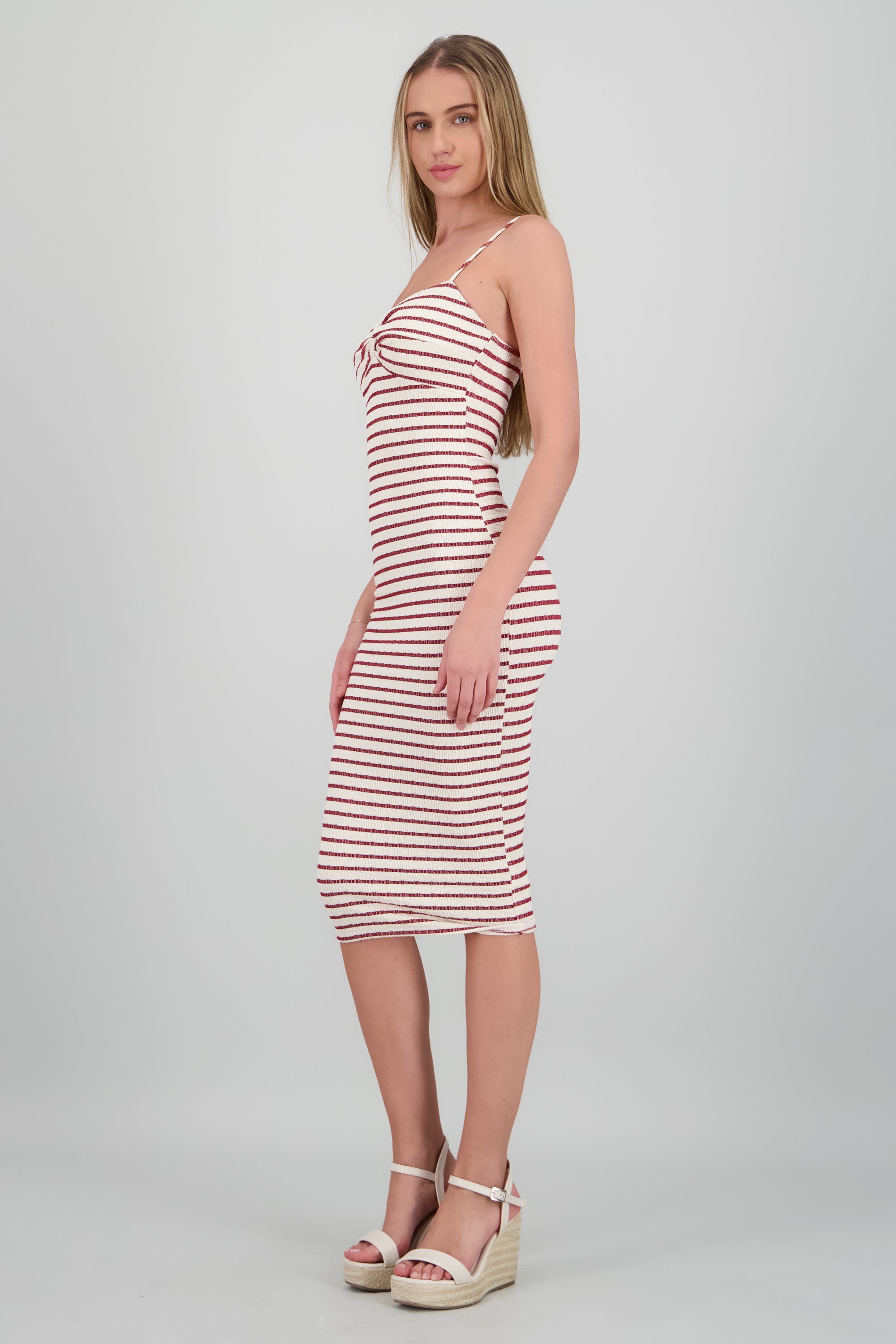 Vestido midi estampado rayas textura VINO COMBO