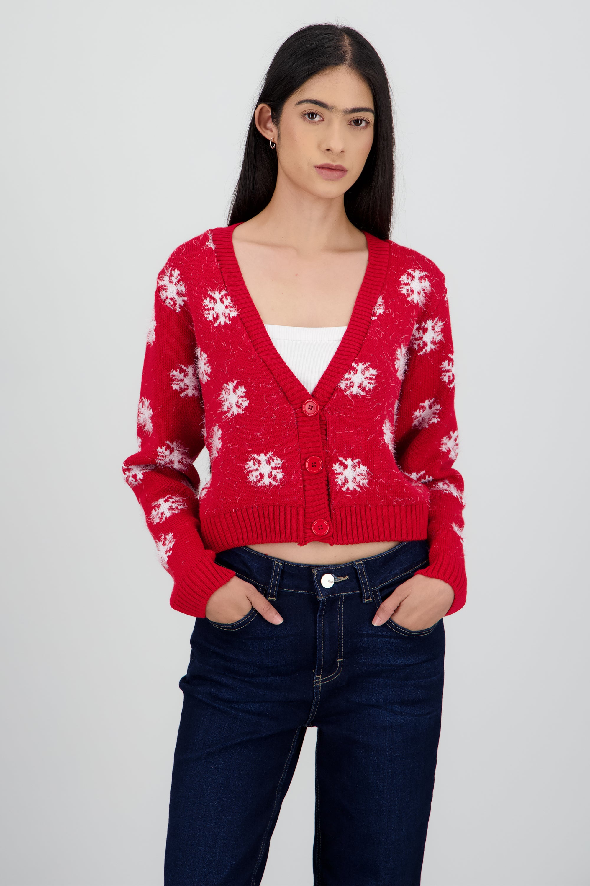 Cardigan cuello v copos ROJO