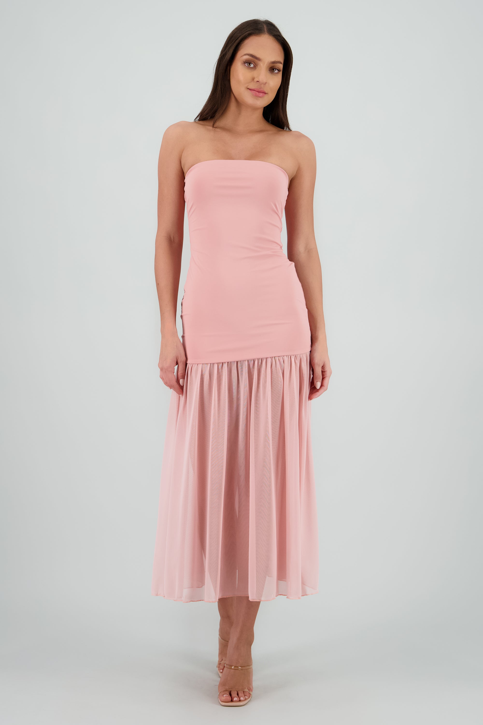 Vestido strapless detalle transparencia ROSA PASTEL