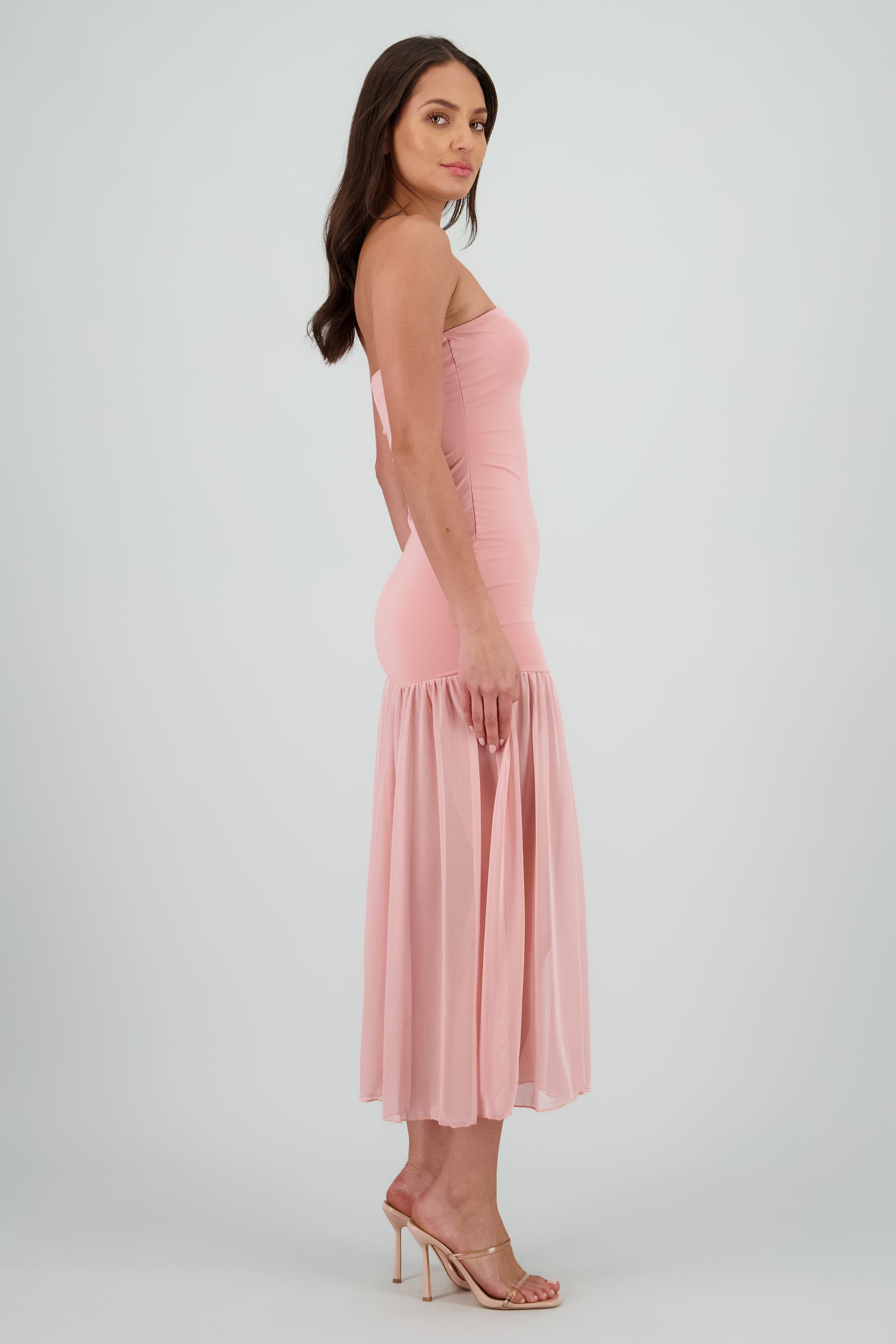 Vestido strapless detalle transparencia ROSA PASTEL