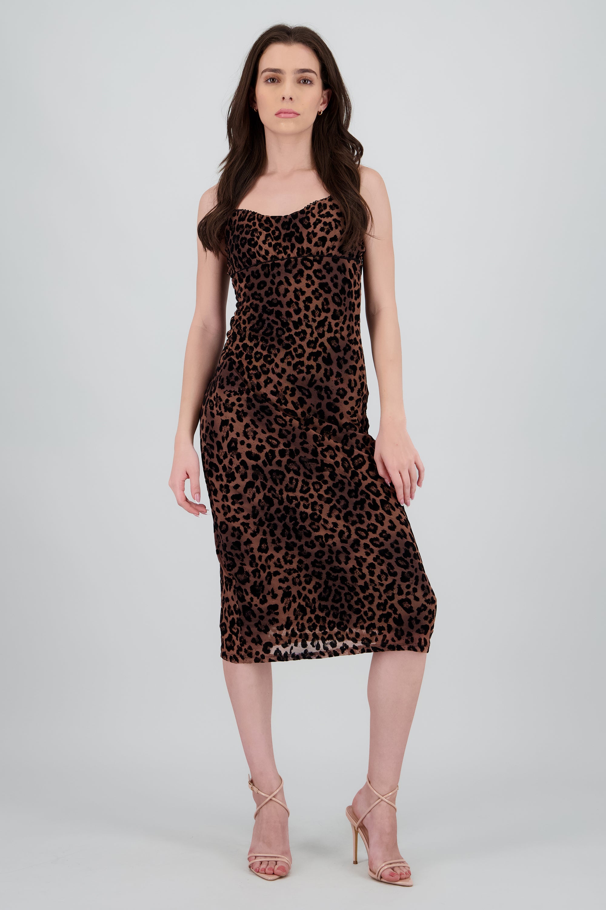 Vestido midi leopardo mesh flock CAFE COMBO