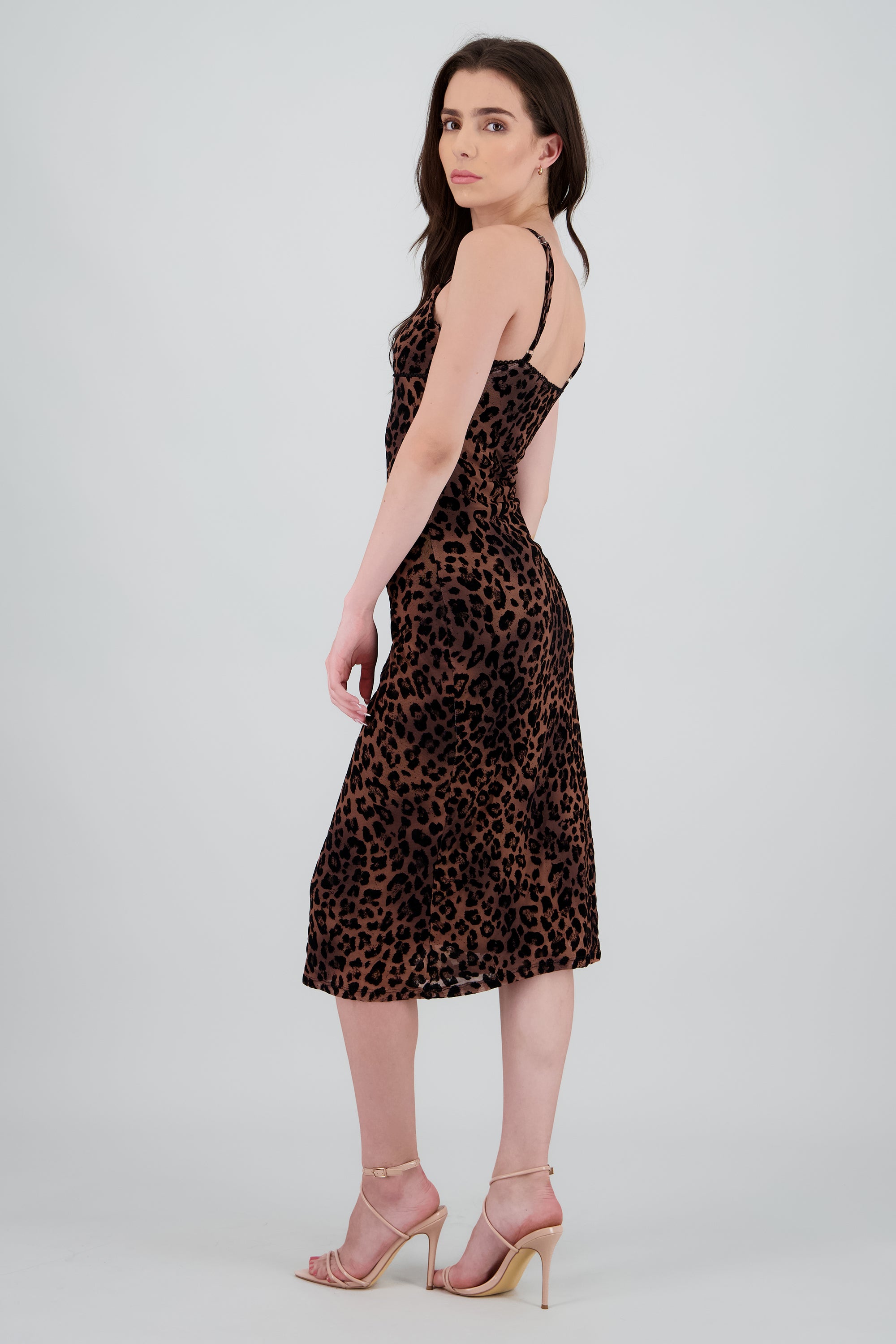 Vestido midi leopardo mesh flock CAFE COMBO