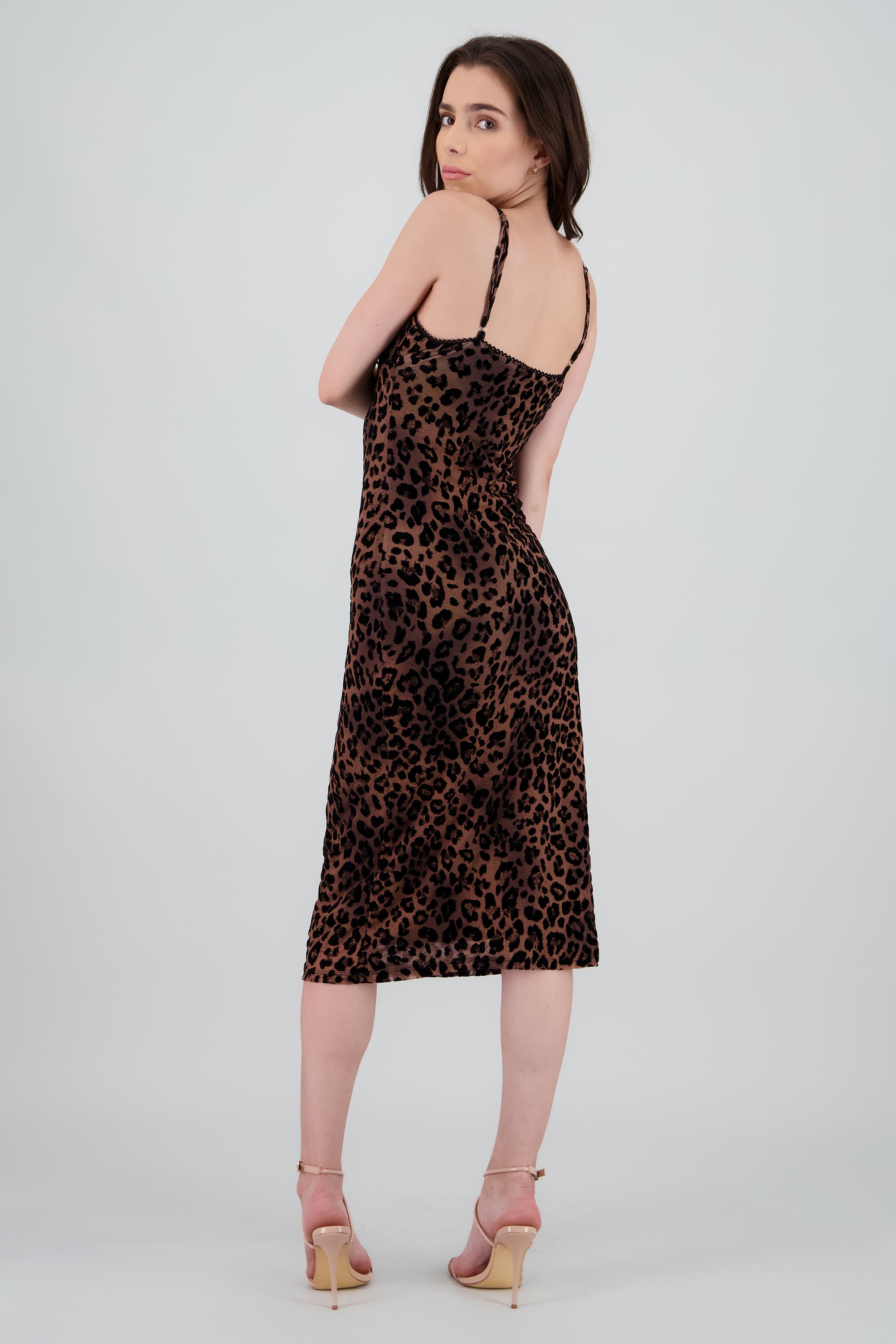Vestido midi leopardo mesh flock CAFE COMBO
