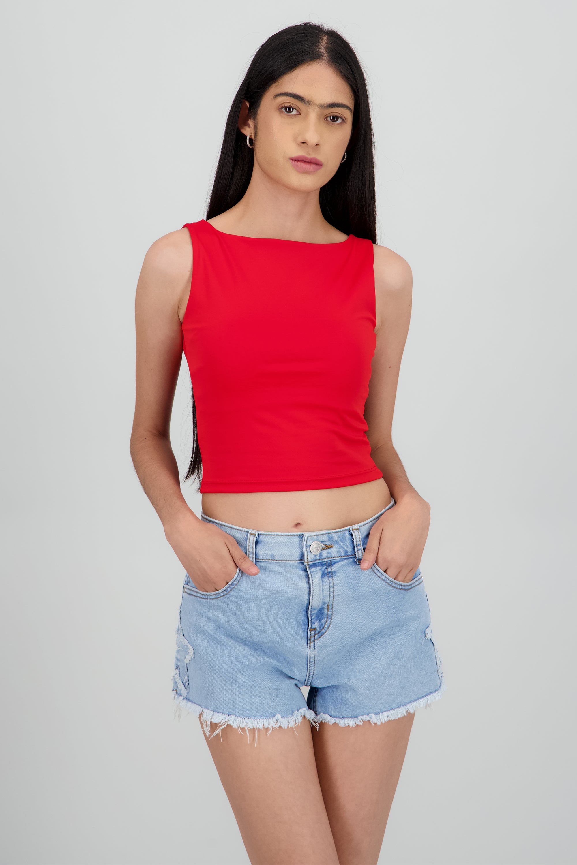Top corto escote recto sin manga ROJO