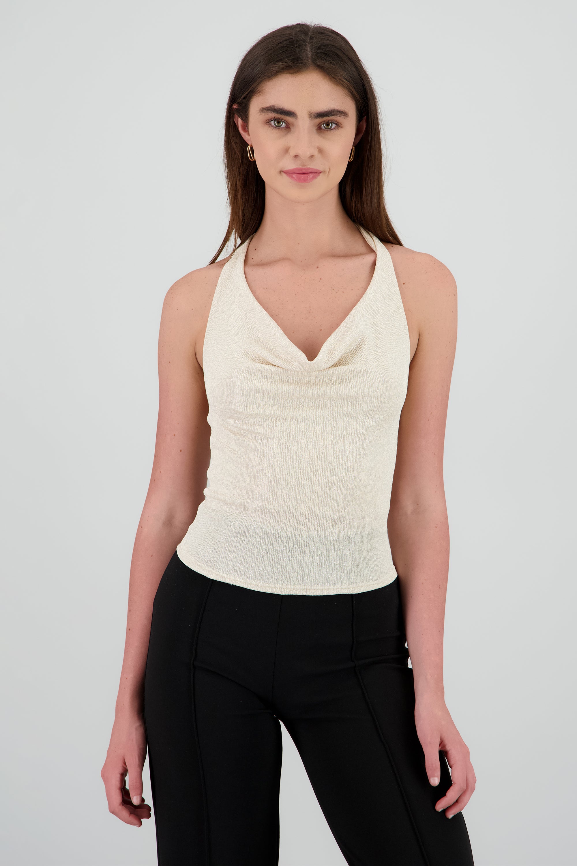 Top halter escote drapeado brillos TAN