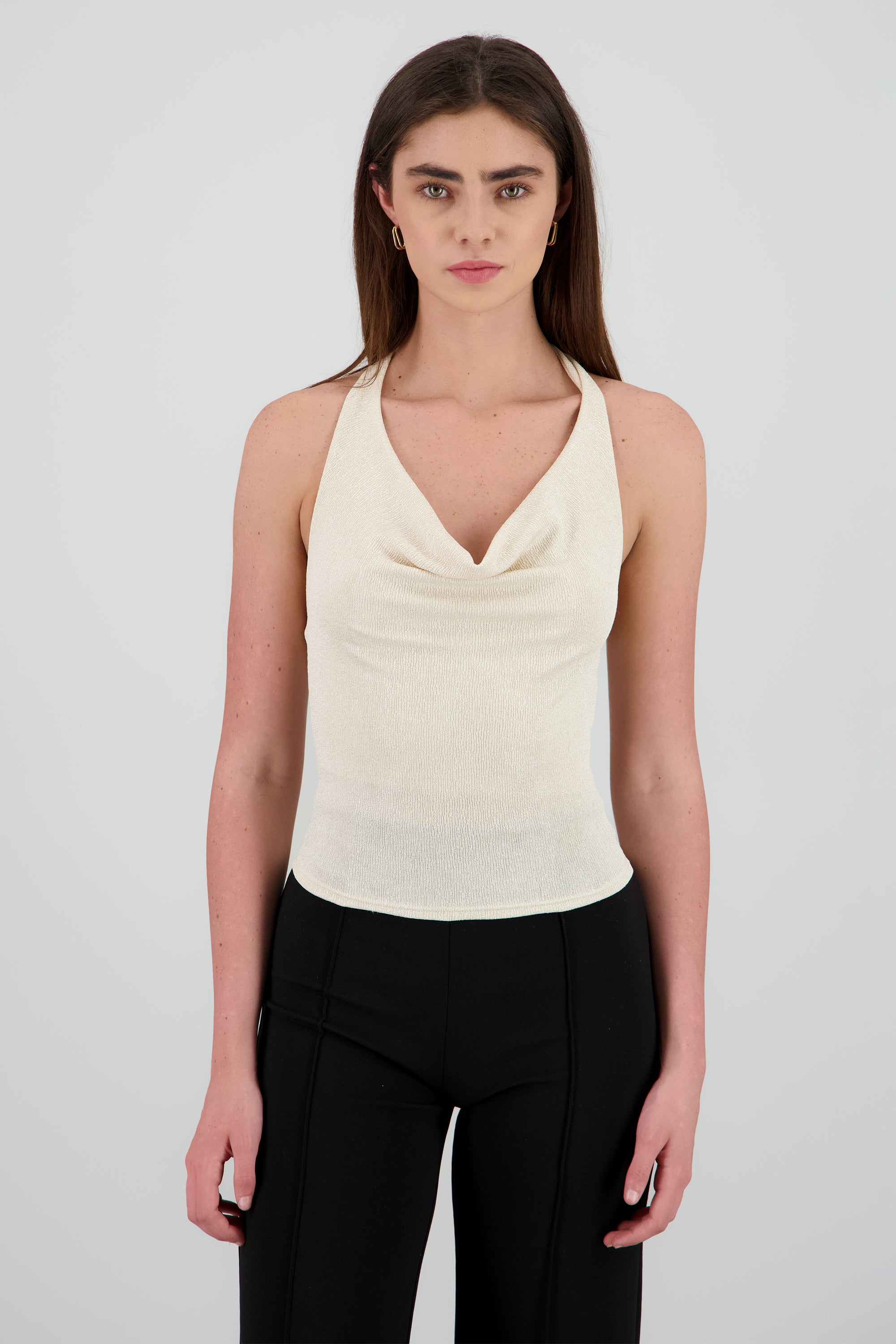 Top halter escote drapeado brillos TAN