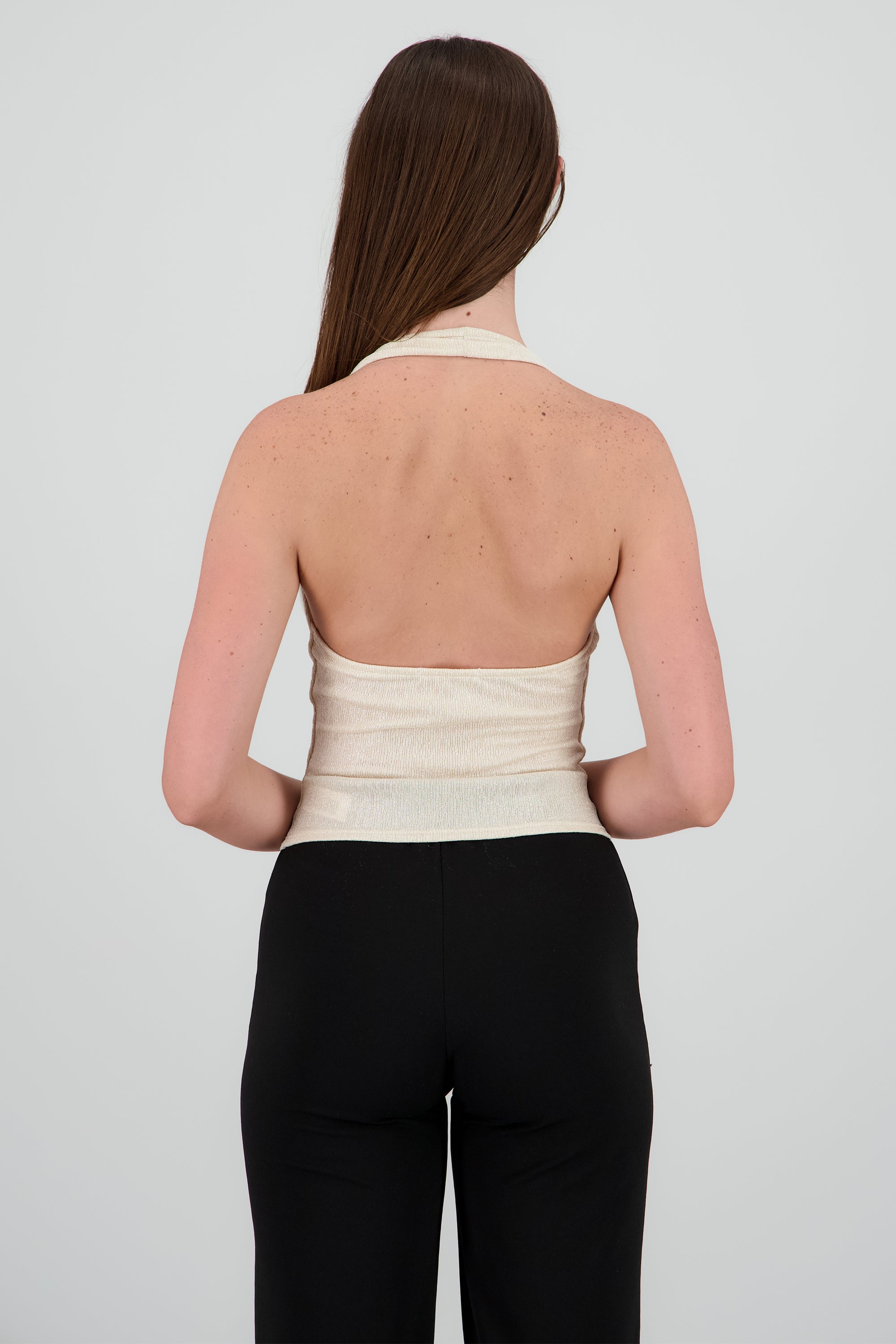 Top halter escote drapeado brillos TAN