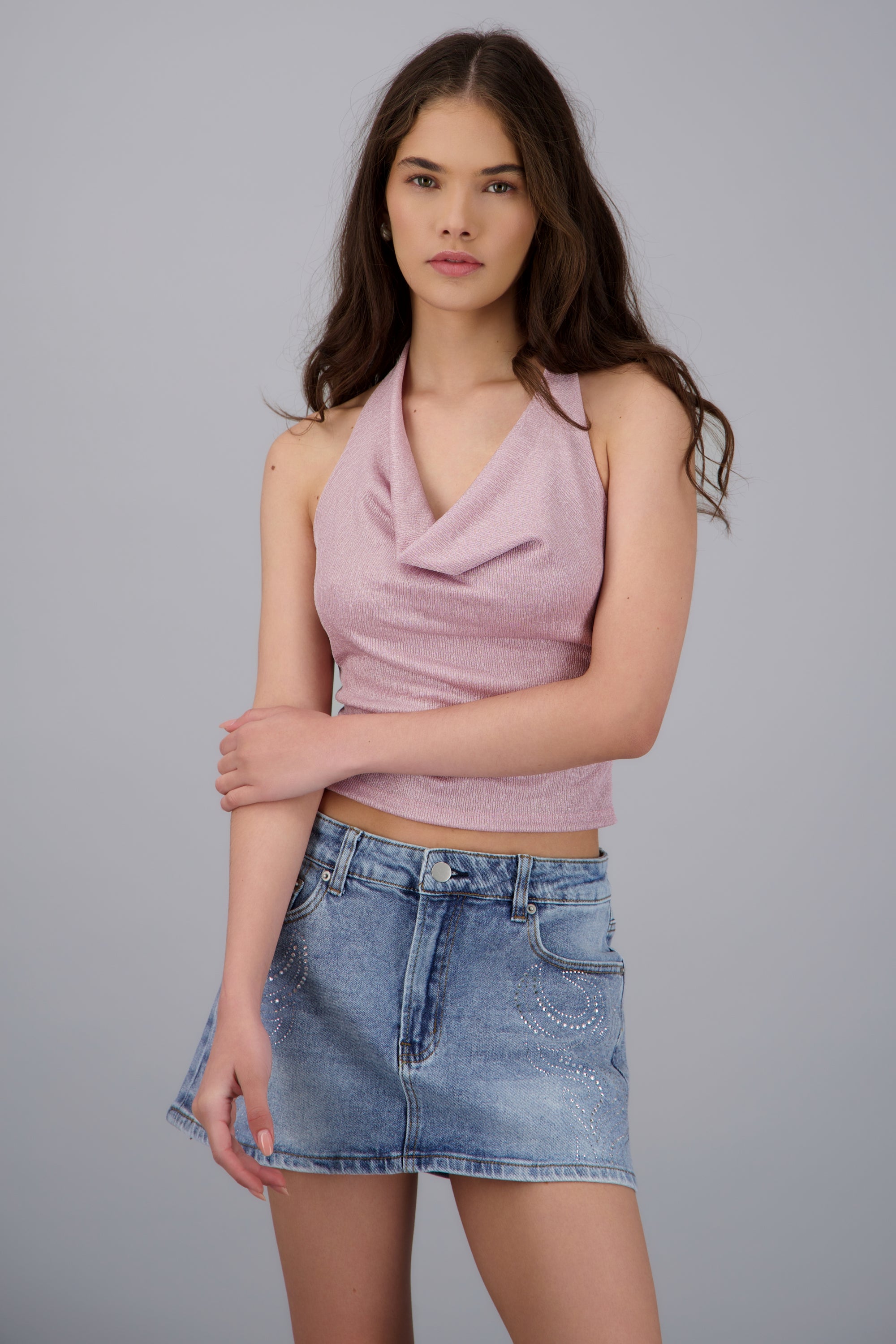 Top halter escote drapeado brillos PALO DE ROSA