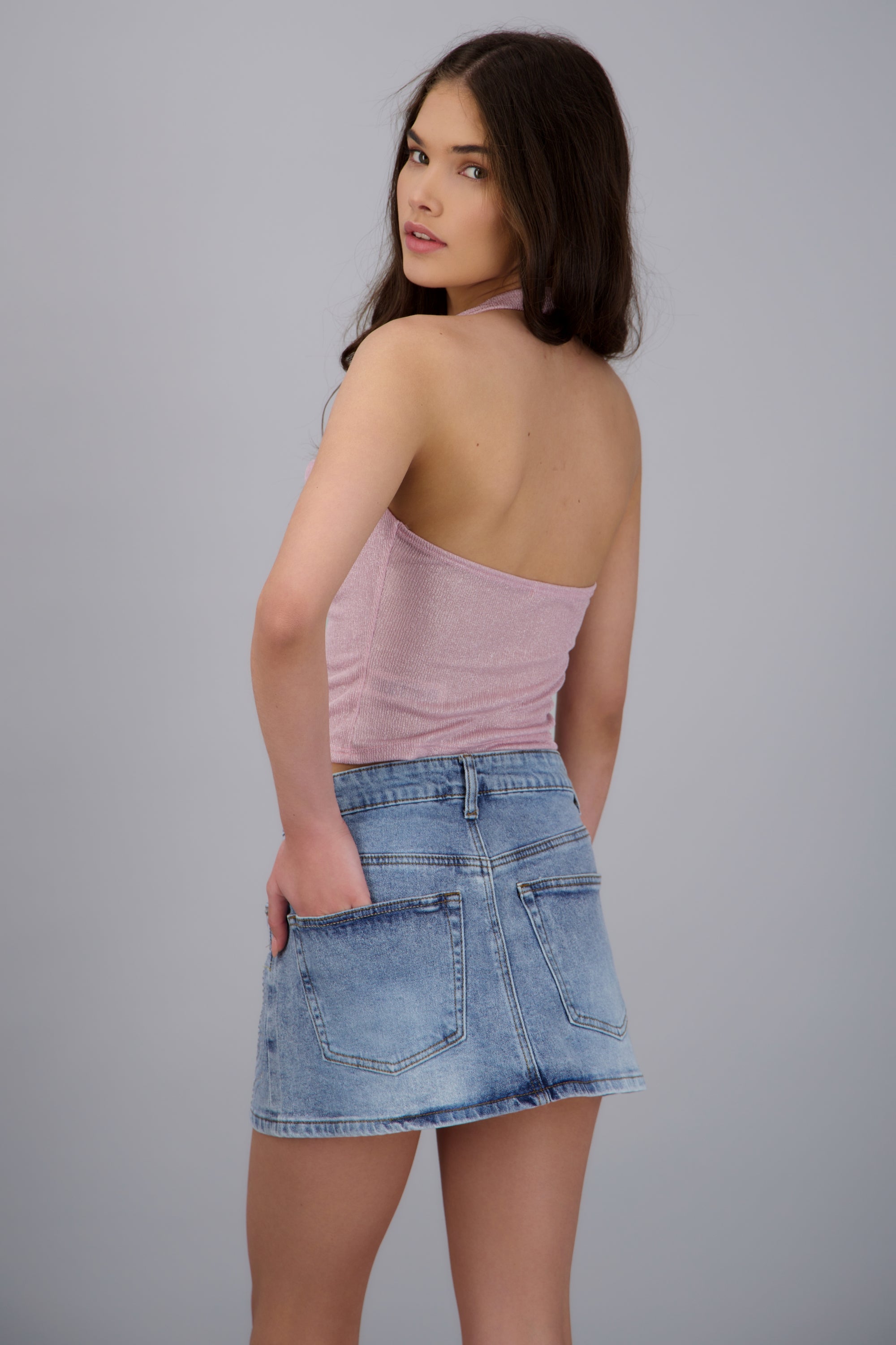 Top halter escote drapeado brillos PALO DE ROSA