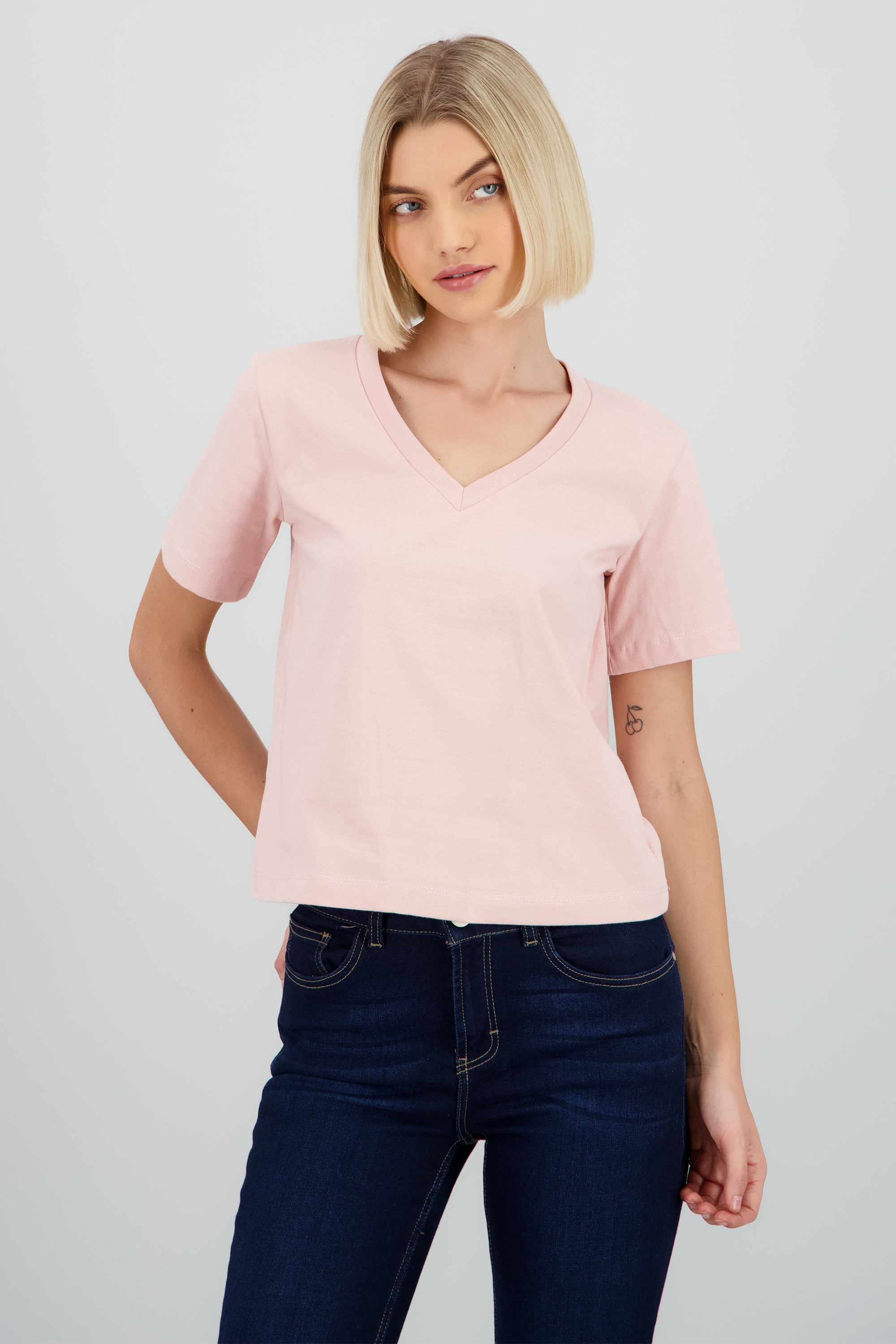 Playera cuello v manga corta lisa ROSA PASTEL