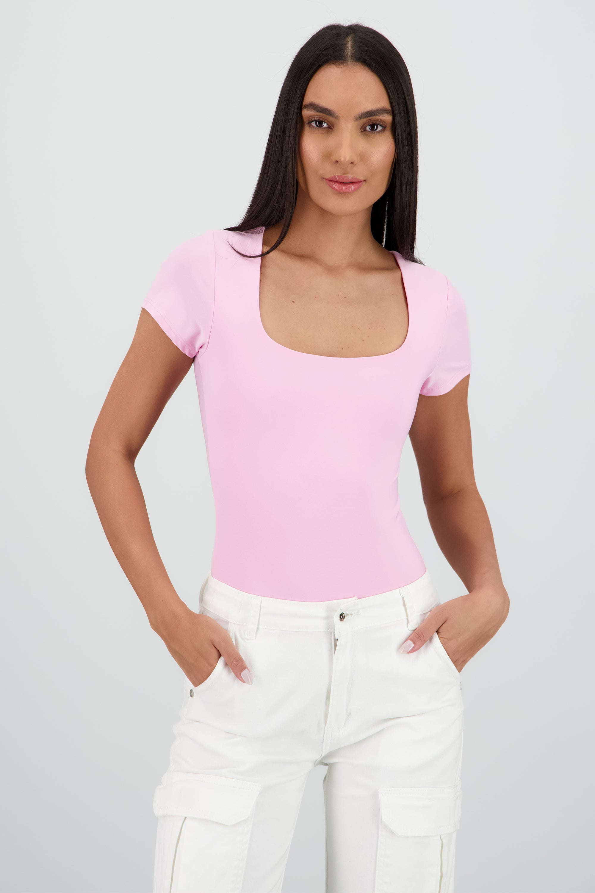 Body manga corta escote cuadrado ROSA PASTEL