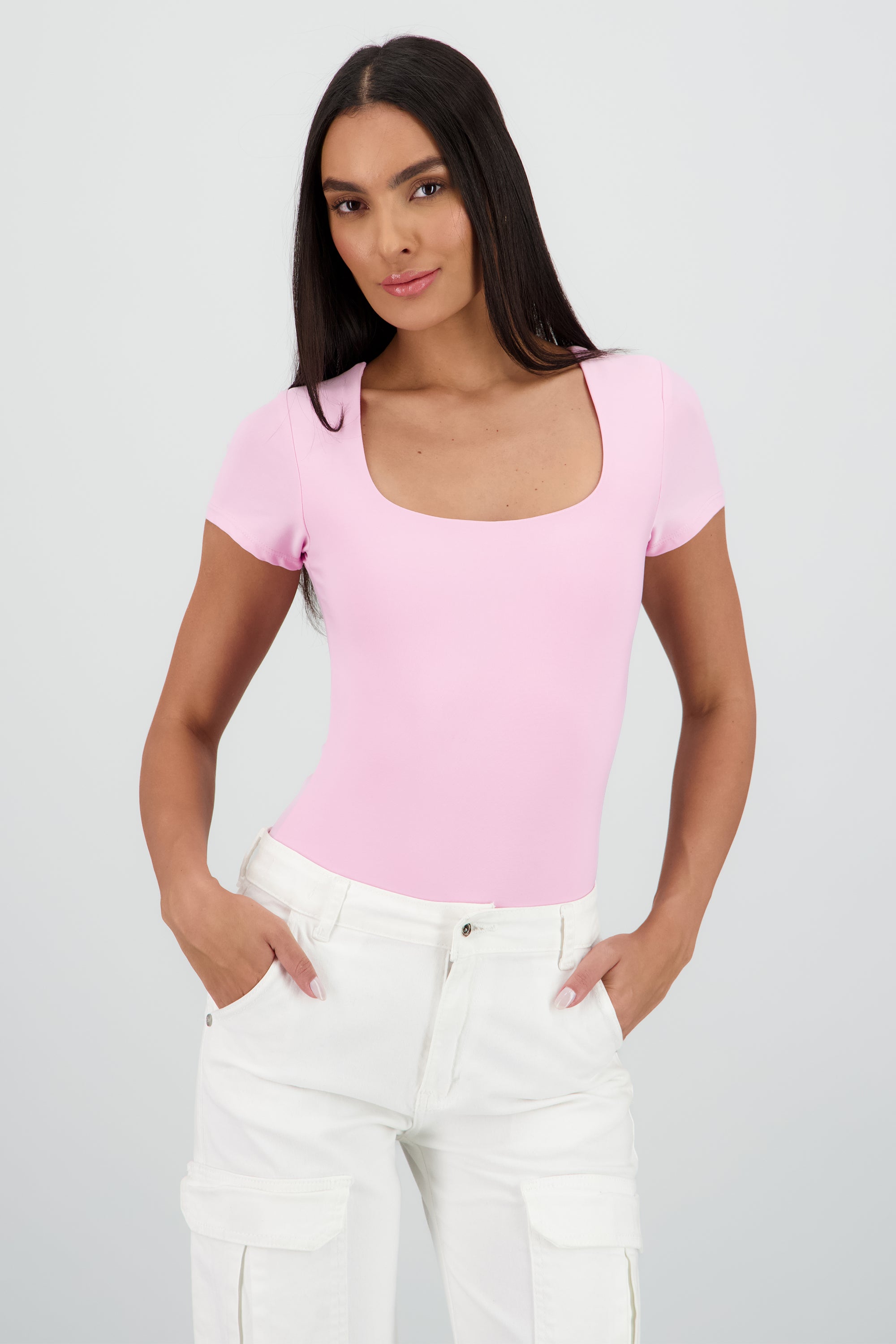 Body manga corta escote cuadrado ROSA PASTEL