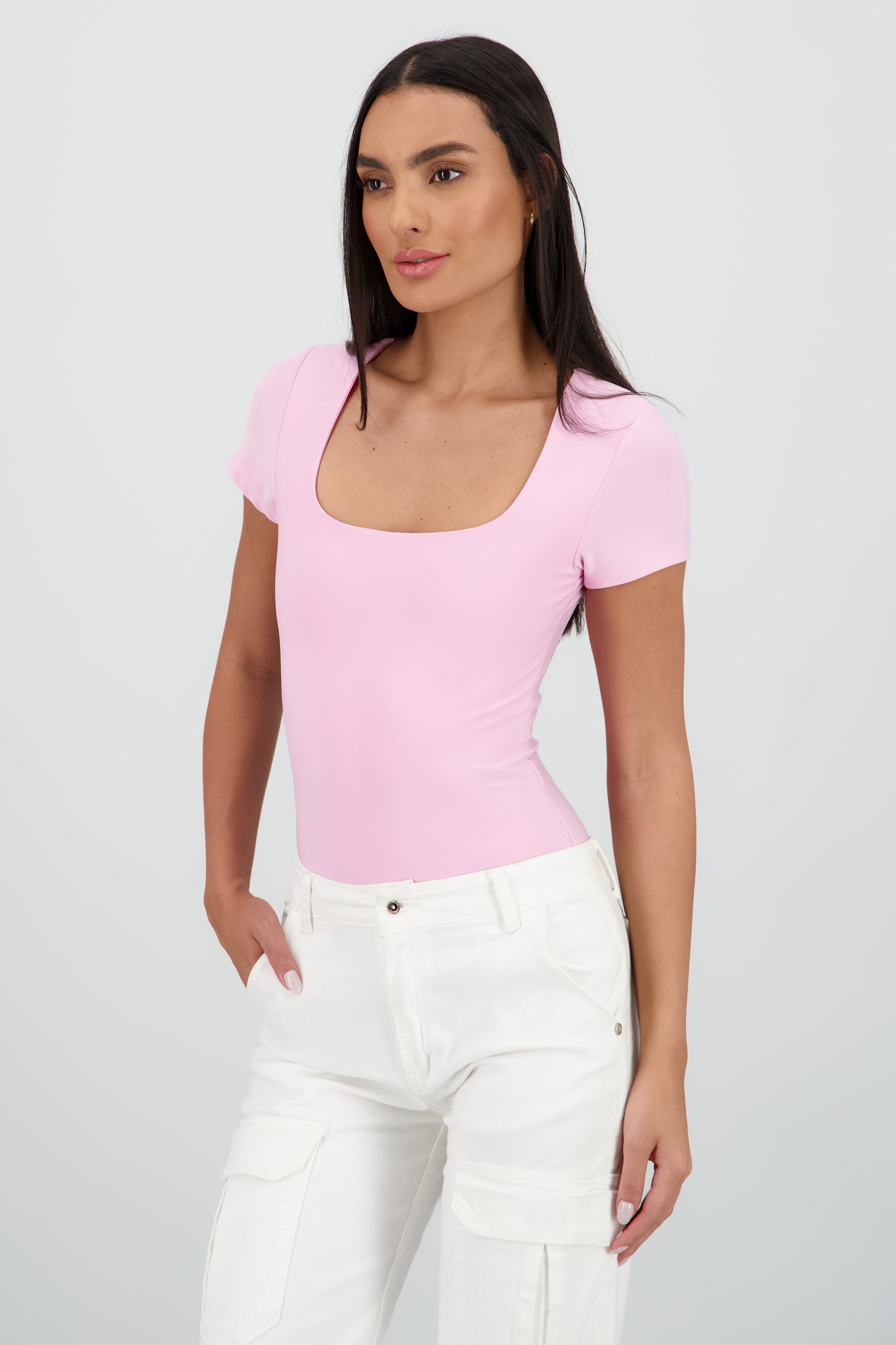 Body manga corta escote cuadrado ROSA PASTEL