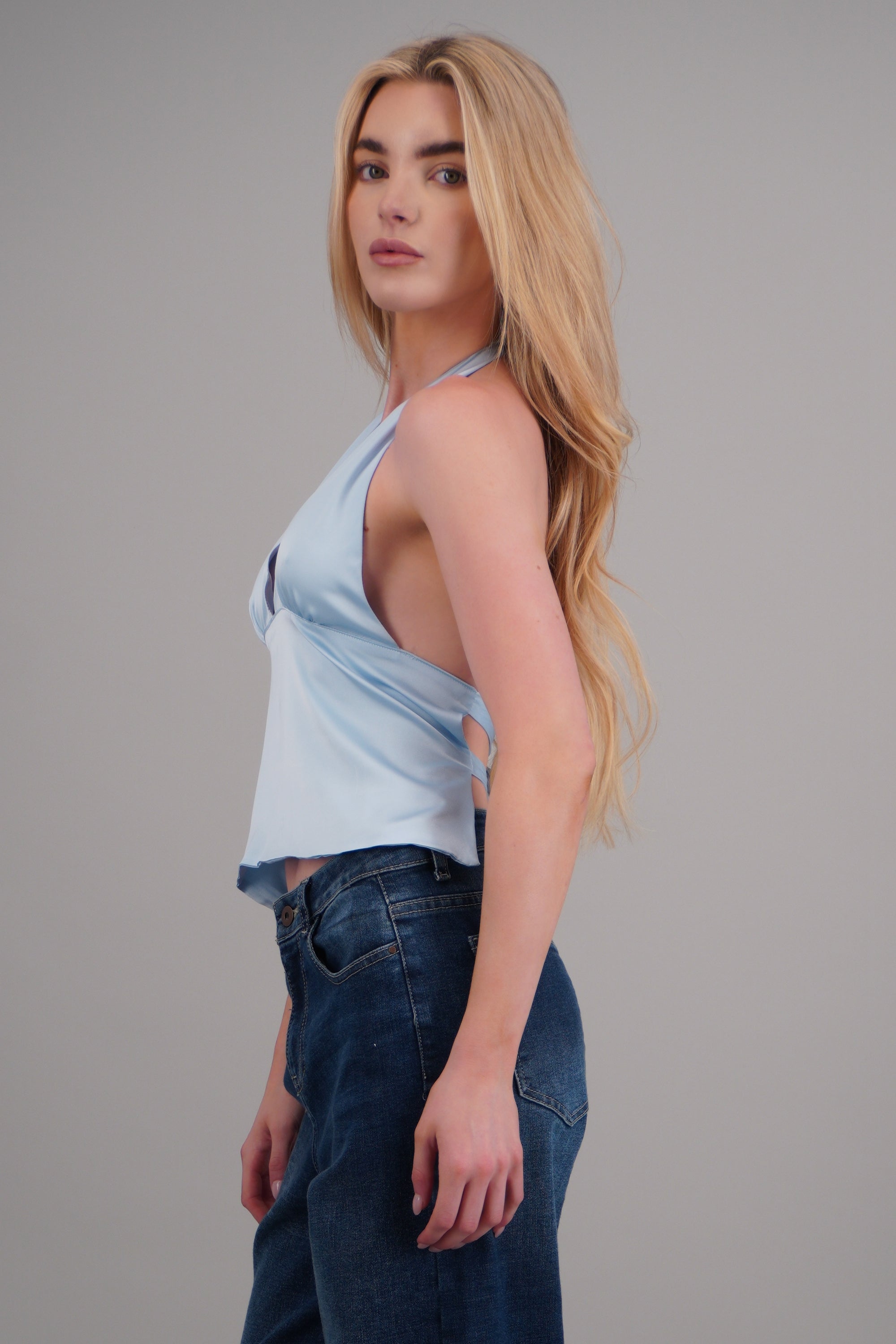 Top satinado escote espalda hypsters AZUL