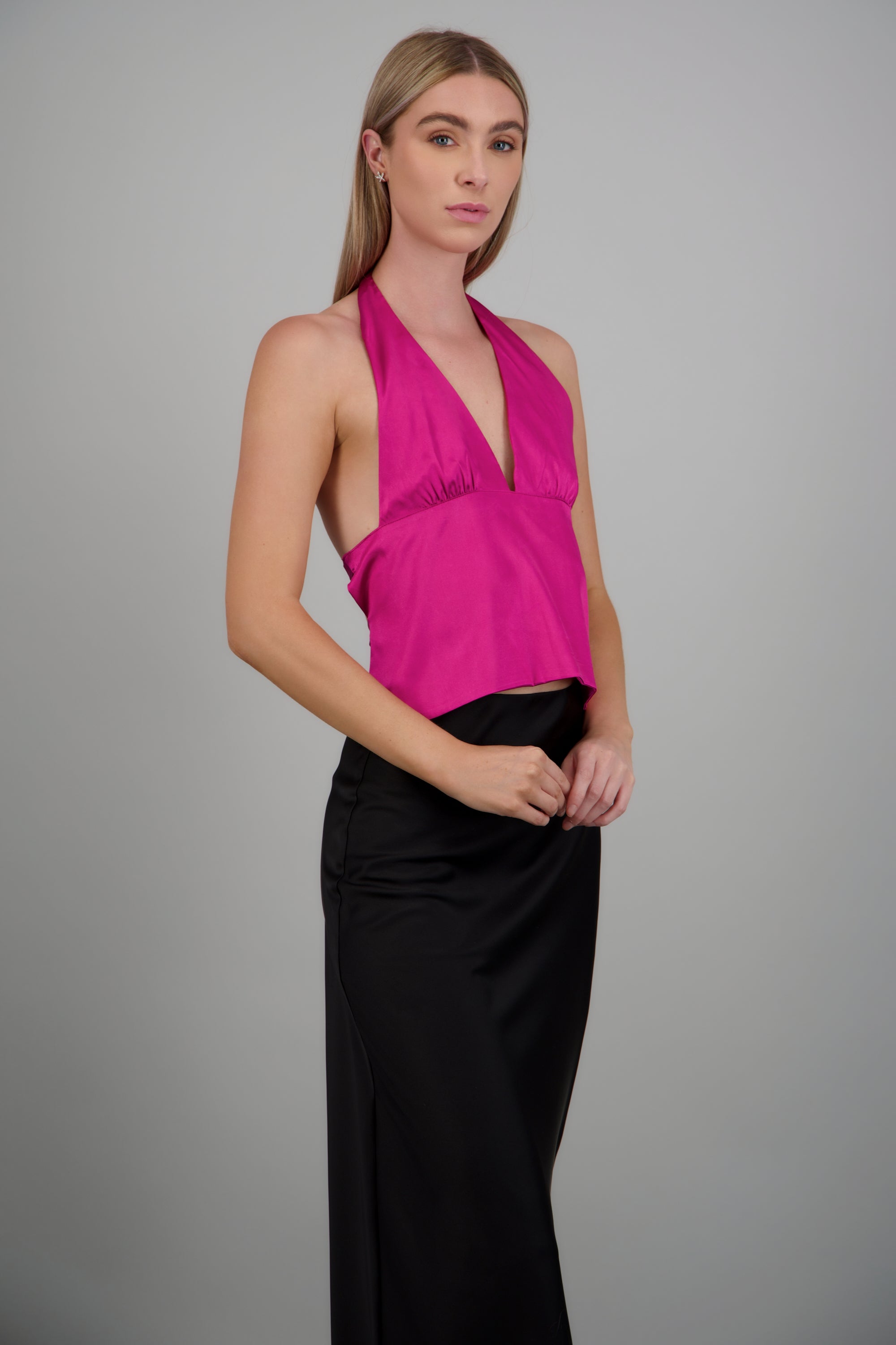 Top satinado escote espalda hypsters MAGENTA
