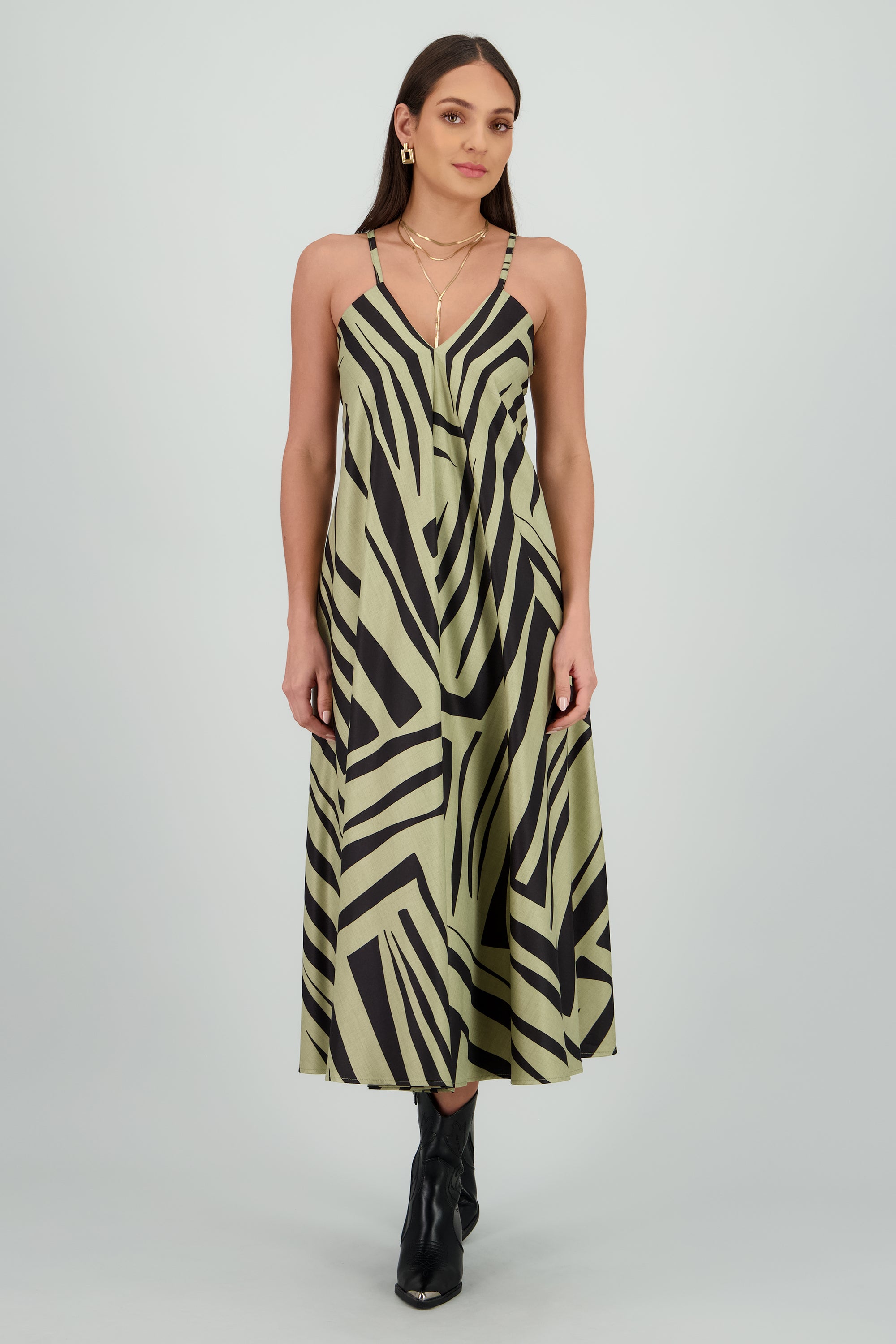 Vestido escote v estampado OLIVO COMBO