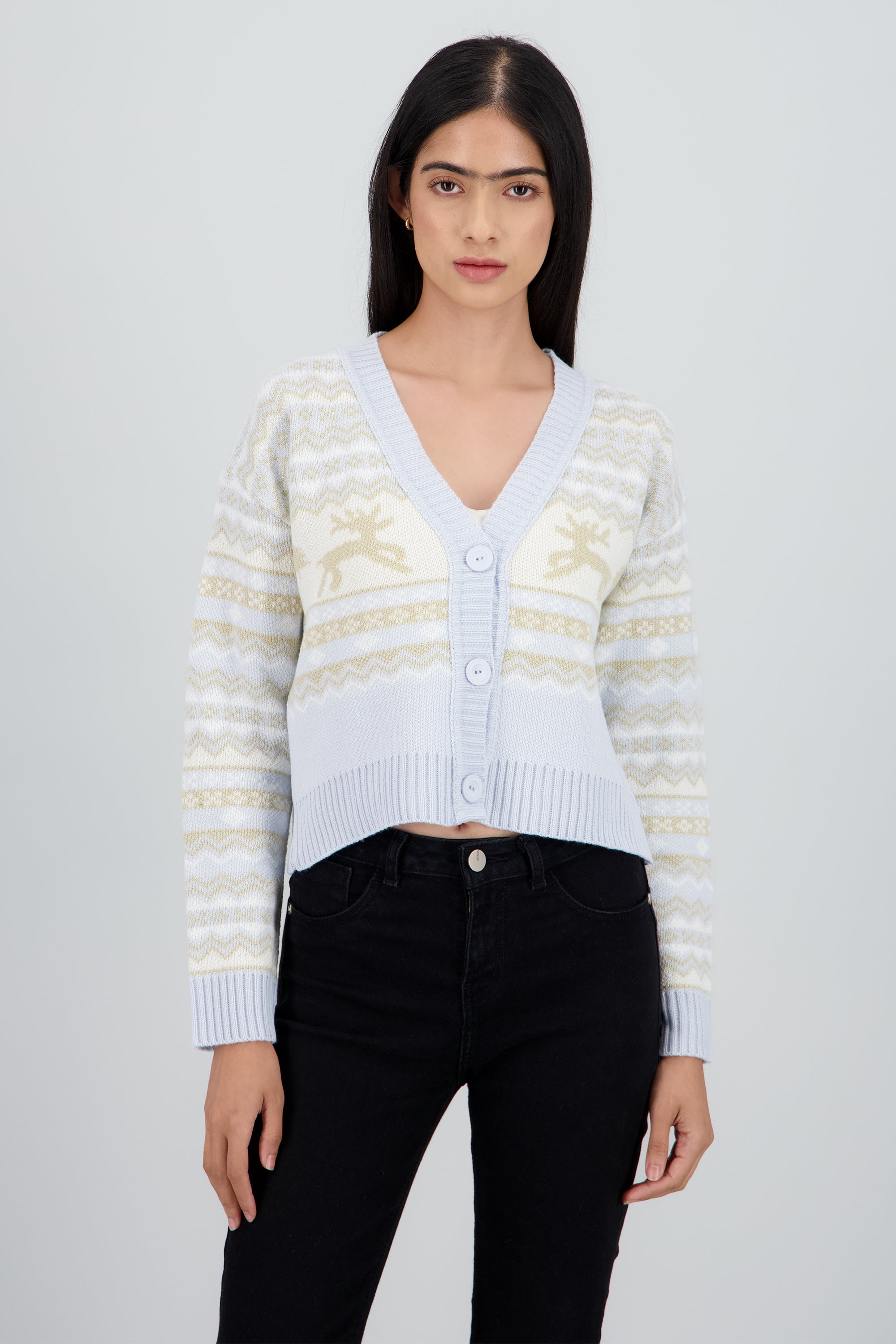 Cardigan navideño cuello V renos AZUL COMBO