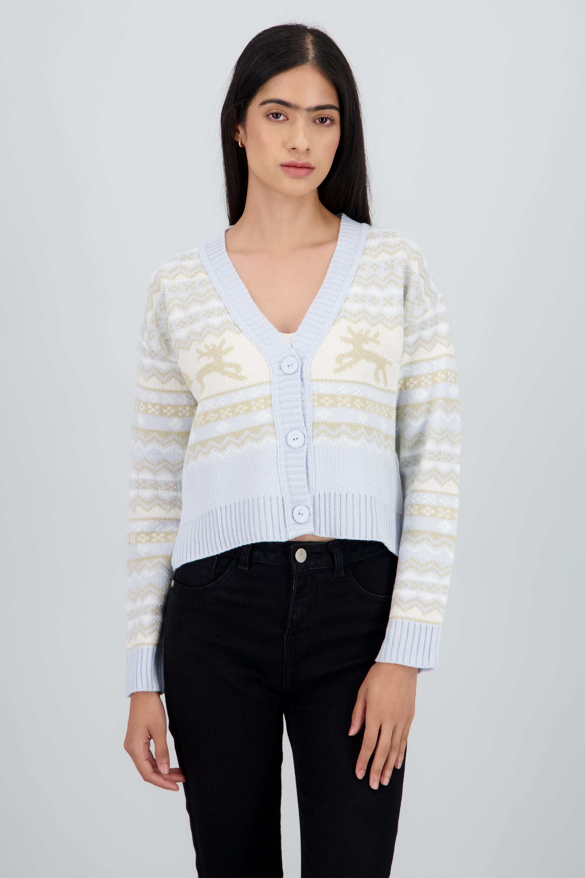 Cardigan navideño cuello V renos AZUL COMBO