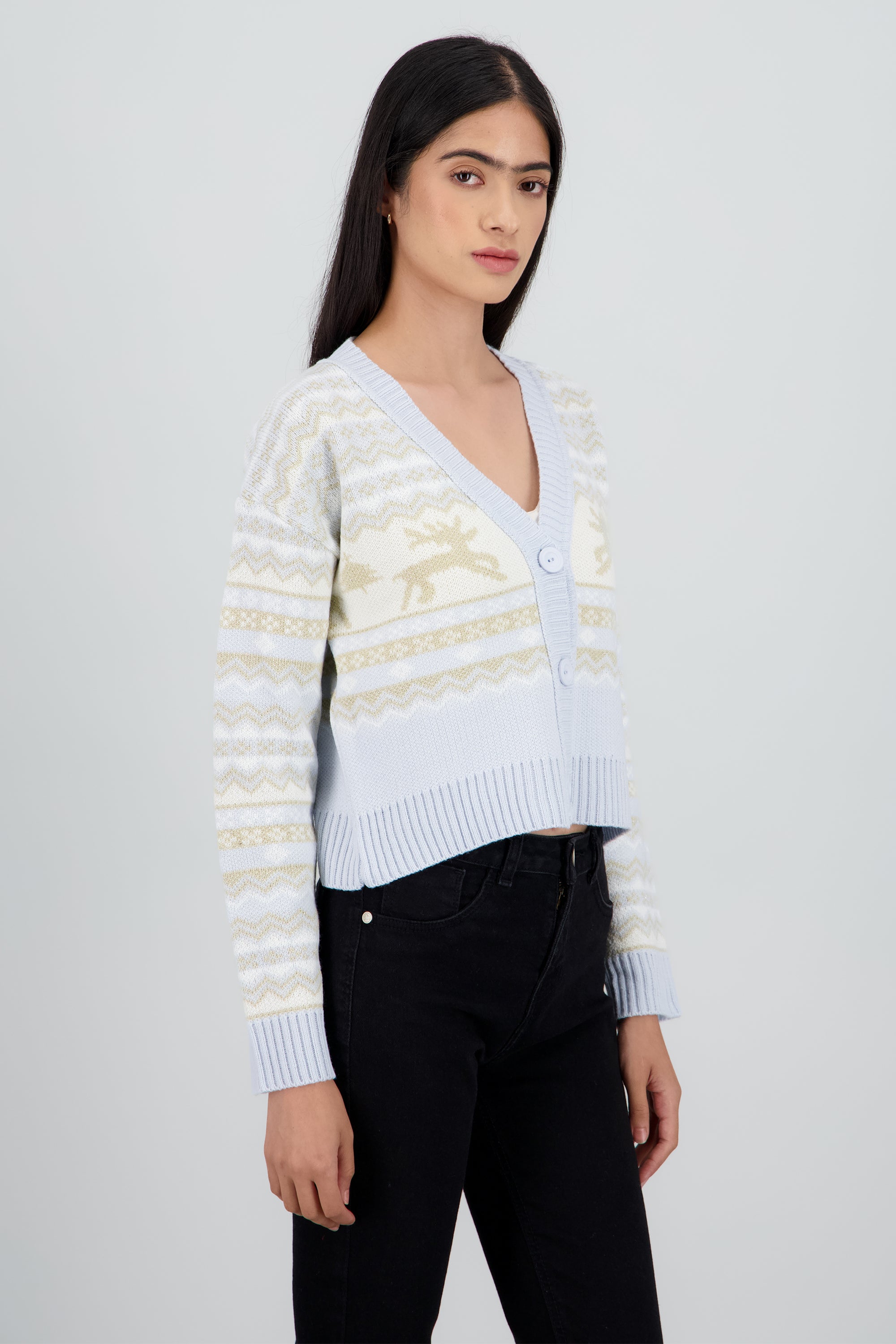 Cardigan navideño cuello V renos AZUL COMBO