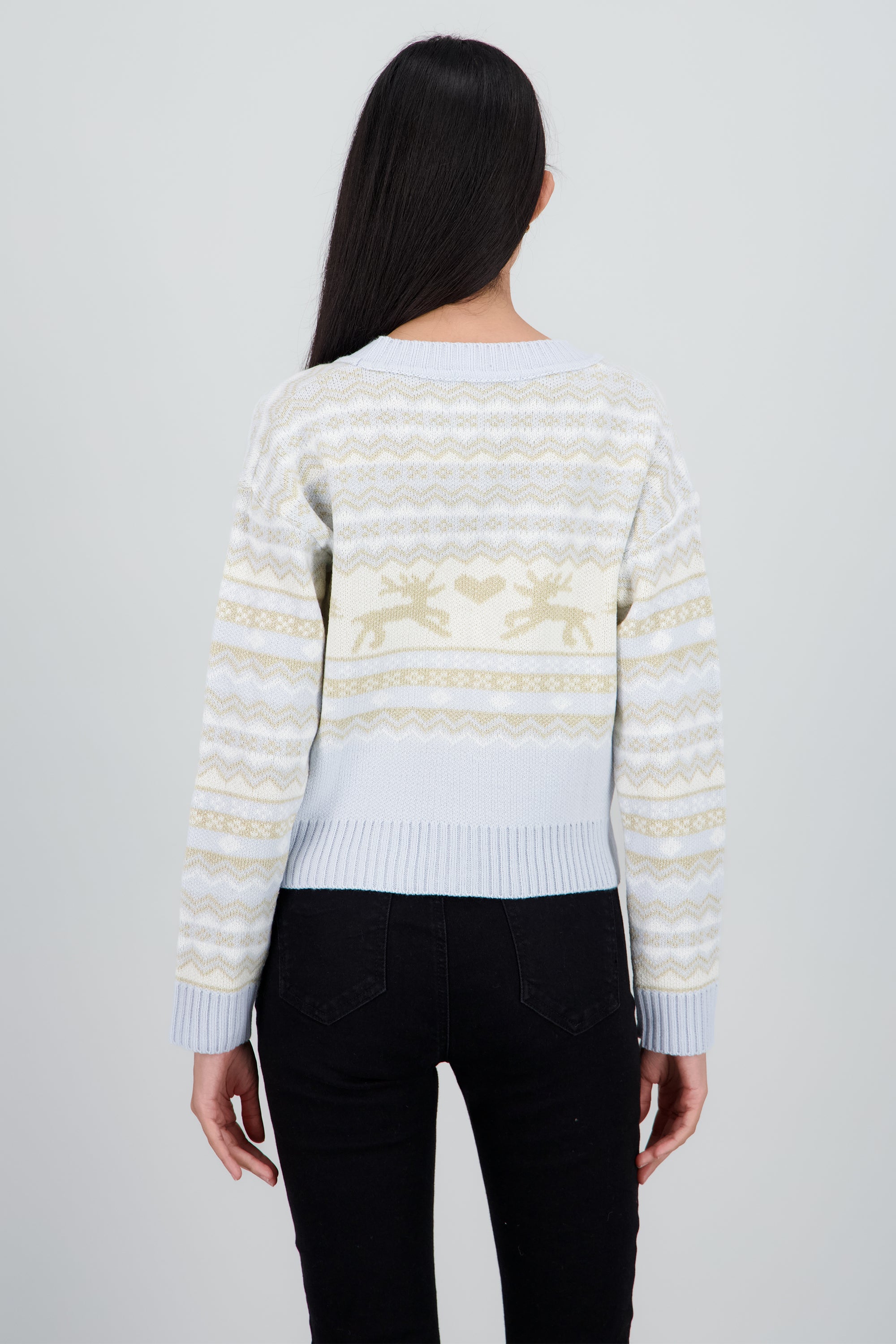 Cardigan navideño cuello V renos AZUL COMBO