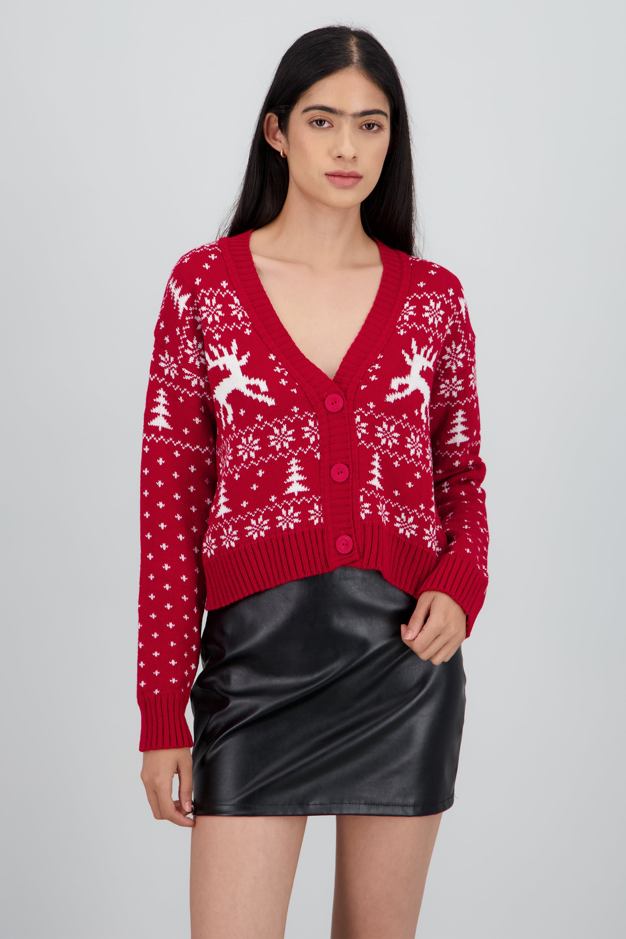 Cardigan navideño cuello V grecas ROJO COMBO
