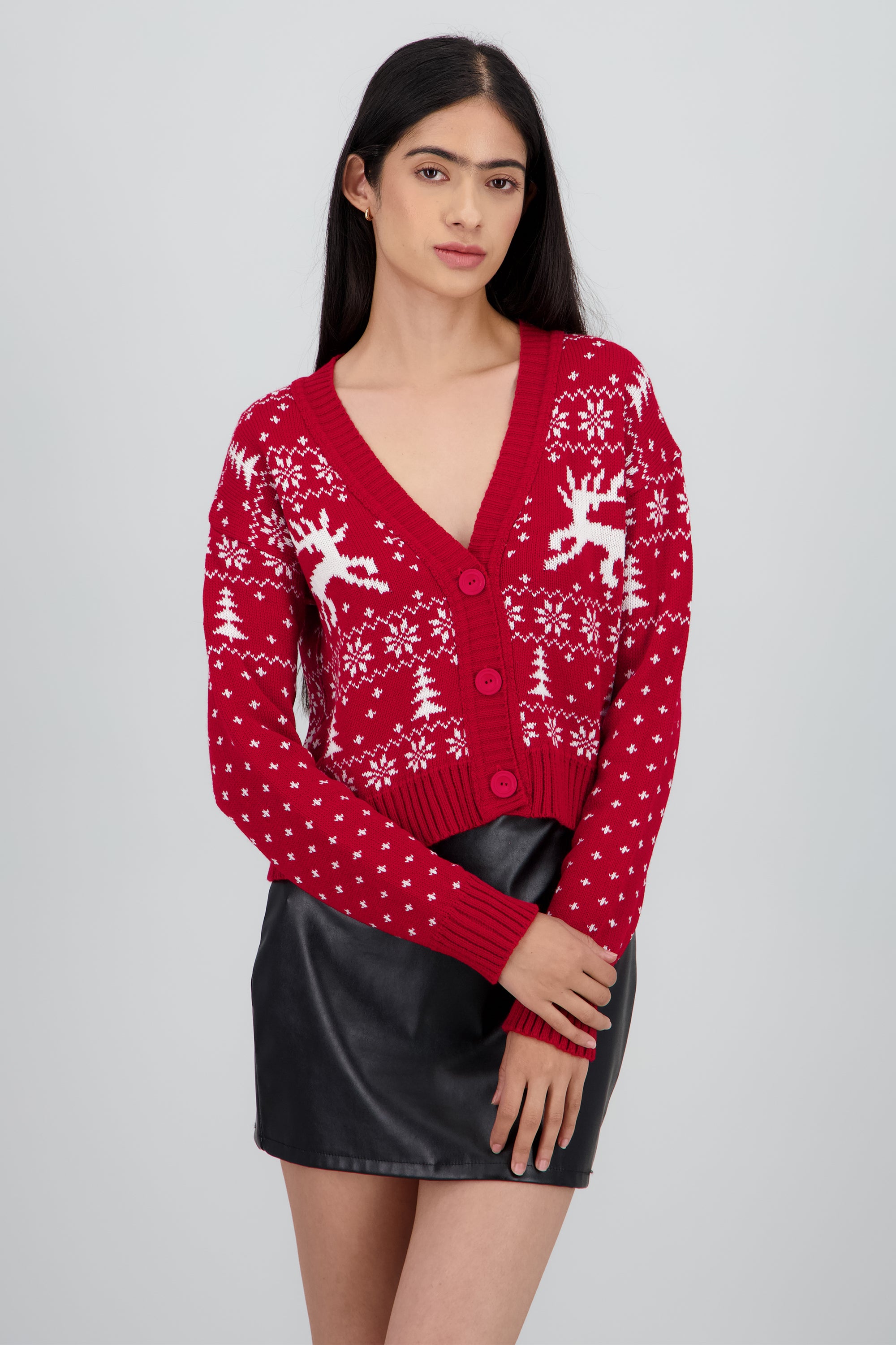 Cardigan navideño cuello V grecas ROJO COMBO