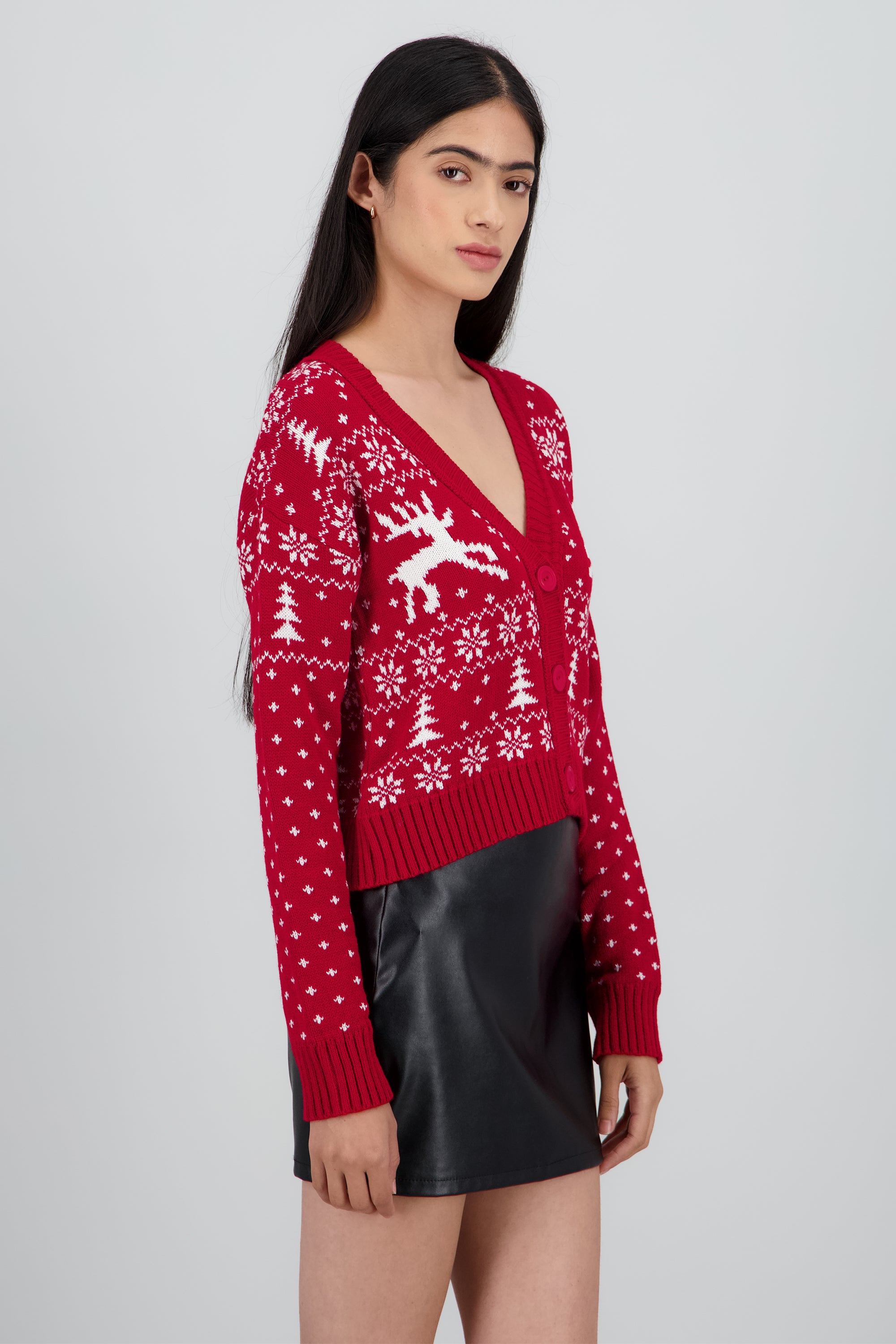 Cardigan navideño cuello V grecas ROJO COMBO
