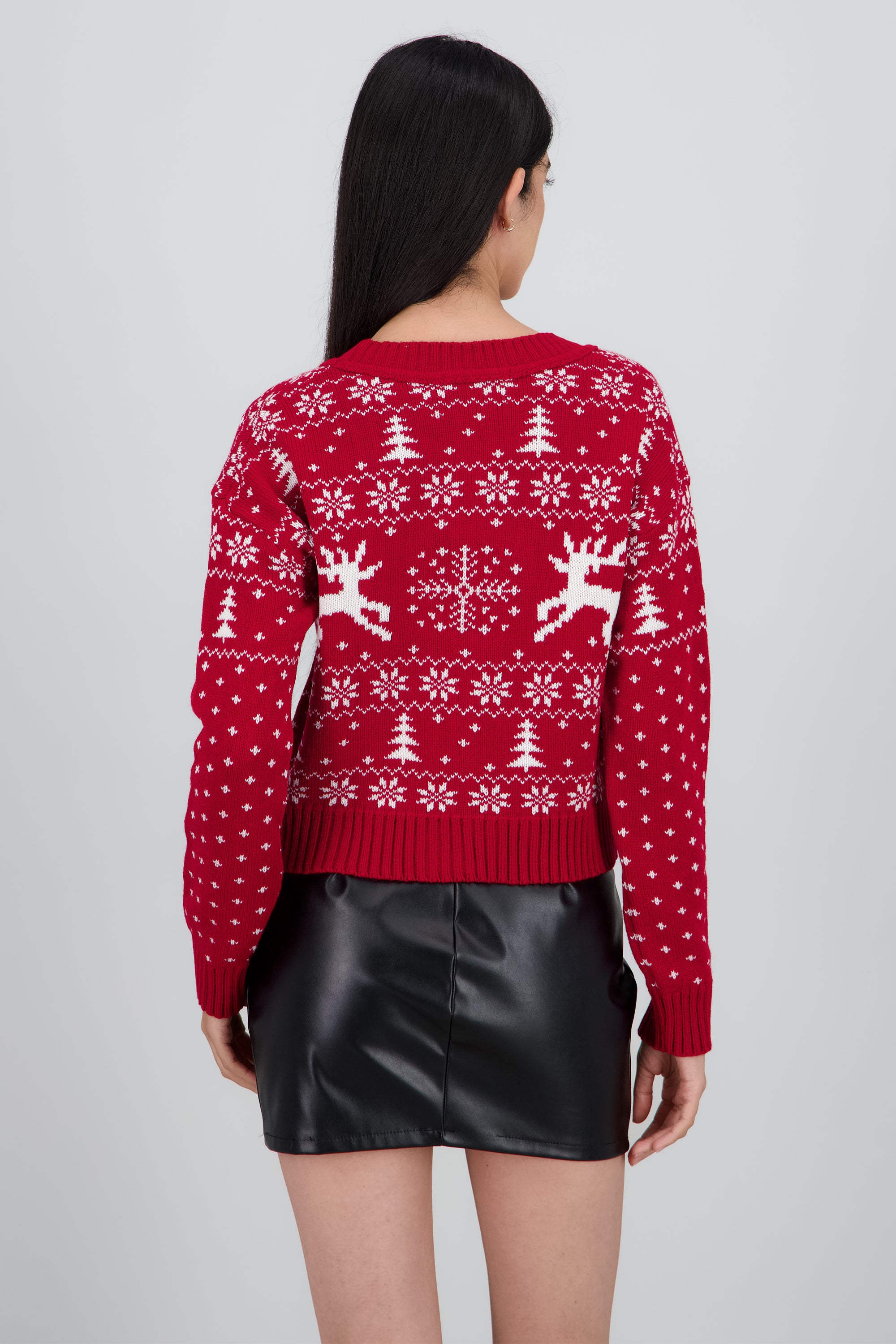 Cardigan navideño cuello V grecas ROJO COMBO