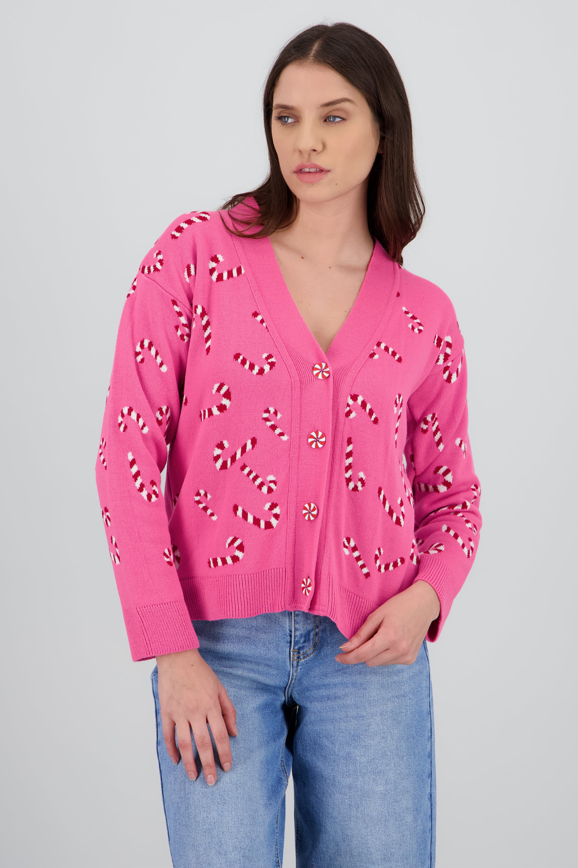Cardigan navideño bastones ROSA COMBO