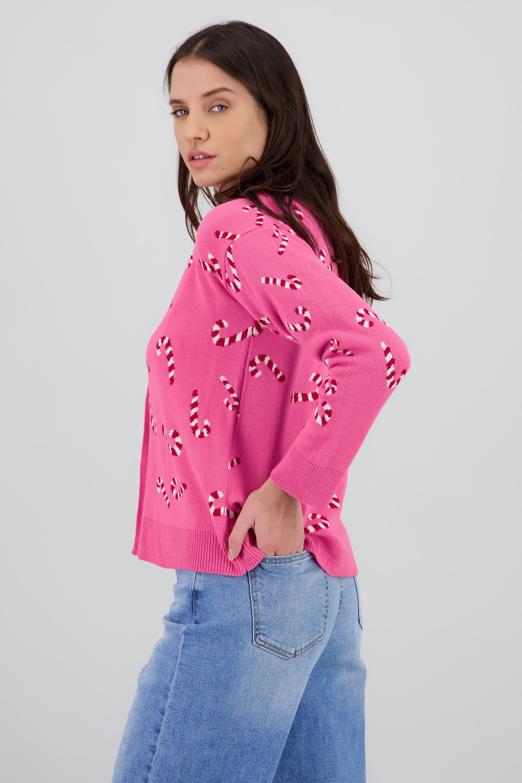 Cardigan navideño bastones ROSA COMBO