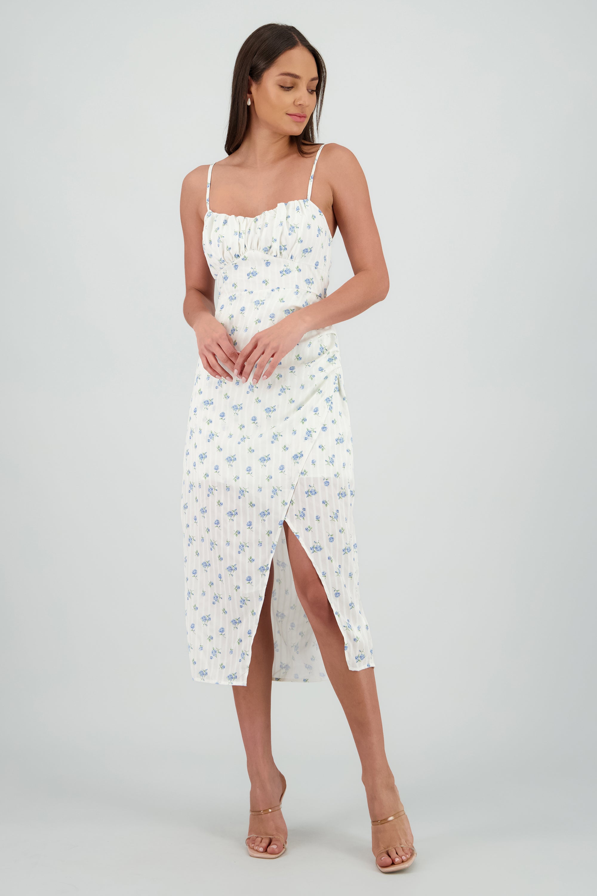 Vestido midi flores abertura AZUL COMBO