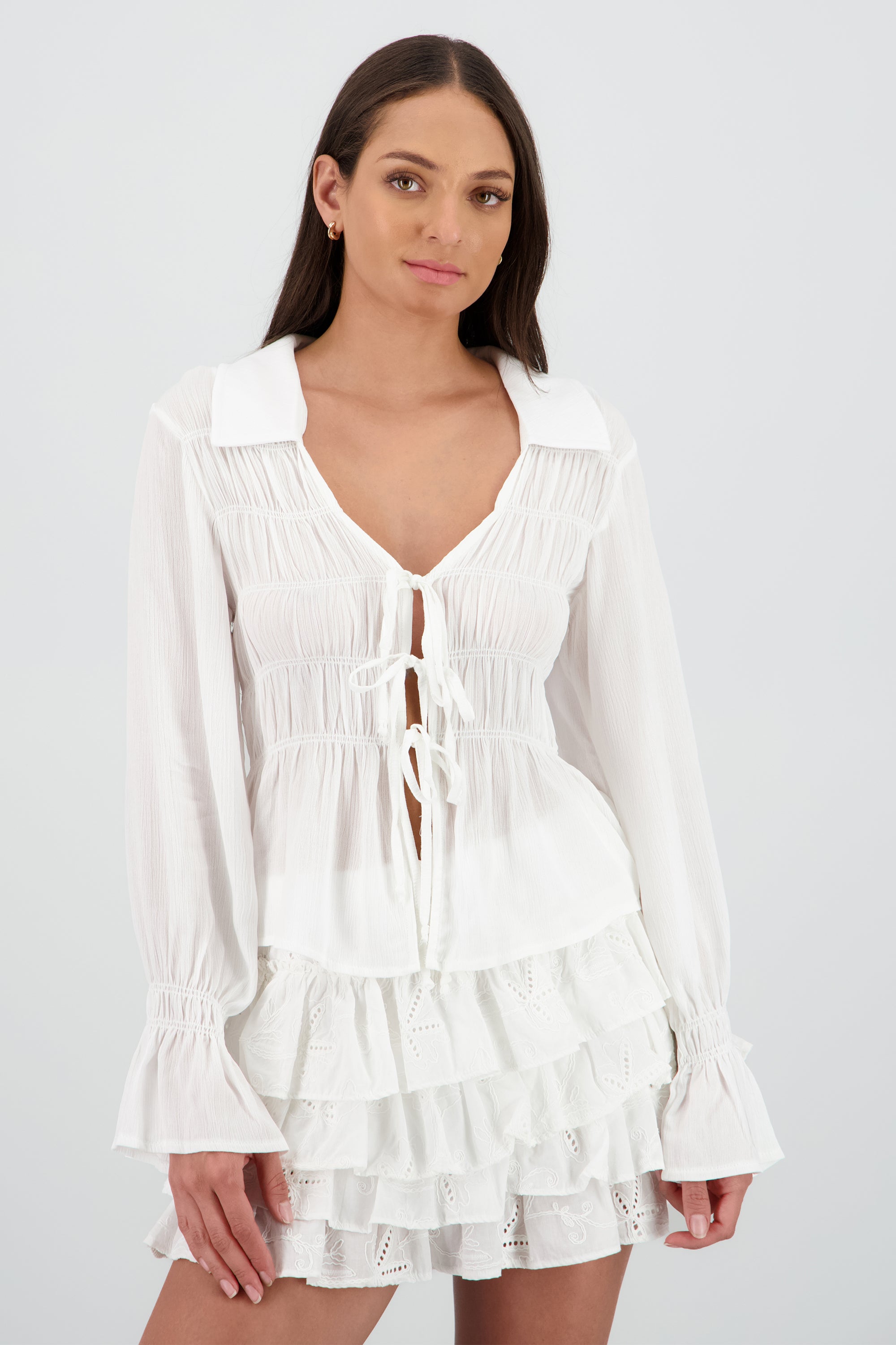 Blusa manga larga amarre smock ligera BLANCO