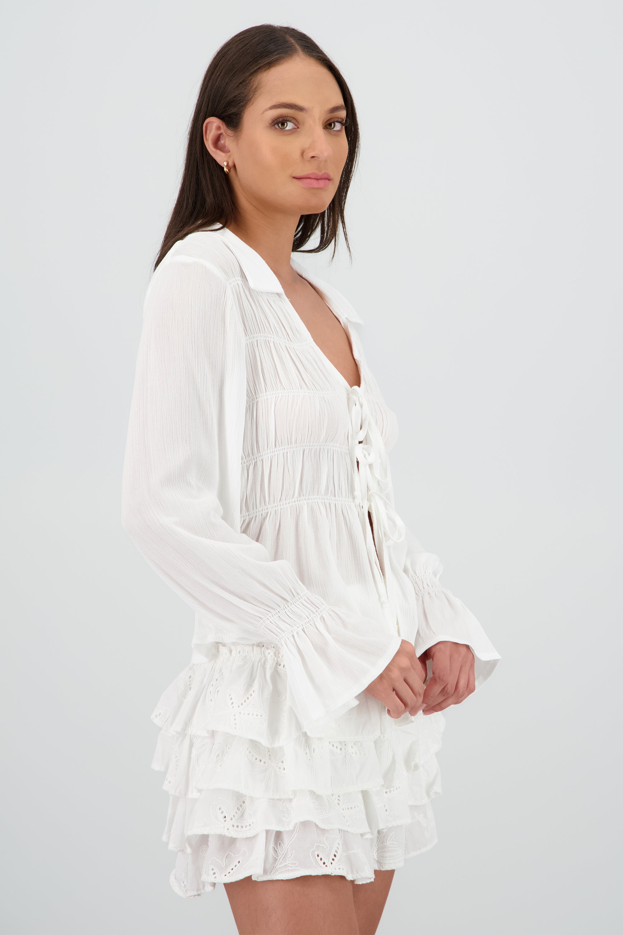 Blusa manga larga amarre smock ligera BLANCO